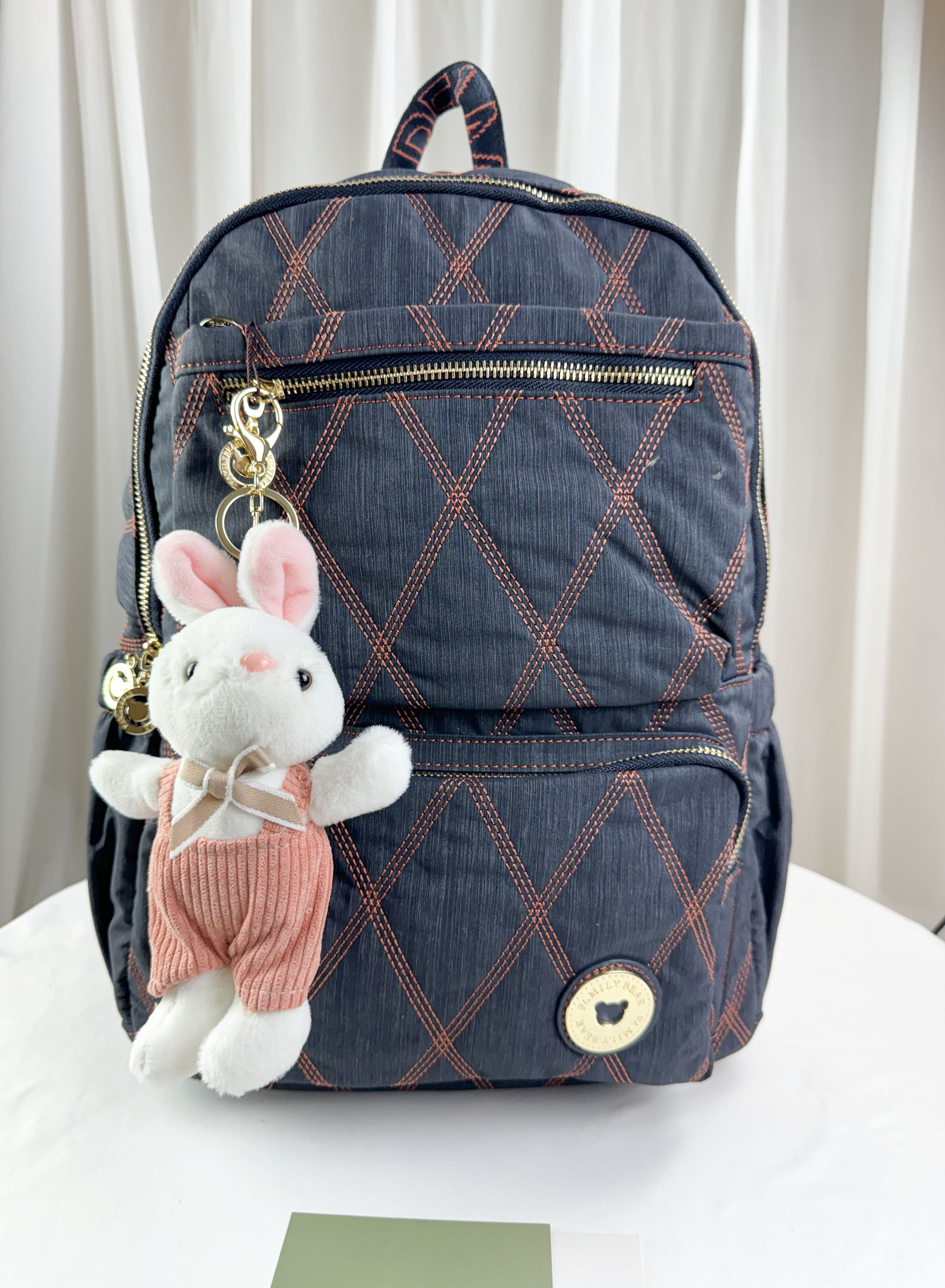 GOODS 藍橙菱格線尼龍後背包 附兔兔吊飾 #2627