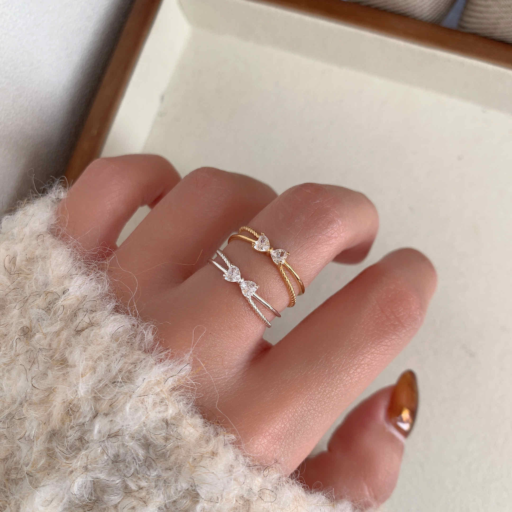 🇰🇷925 silver 愛心鑽蝴蝶結開口戒指｜2 color