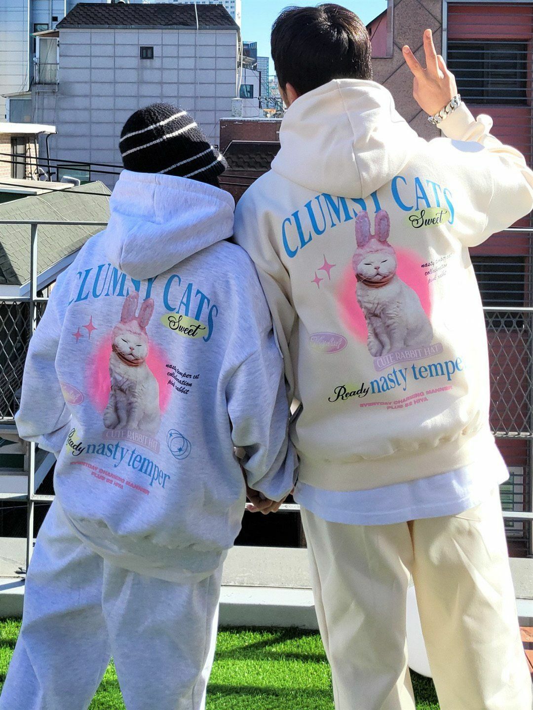 兔仔圖案英文字連帽衛衣(薄抓毛底) PLUS82HIYA-062T