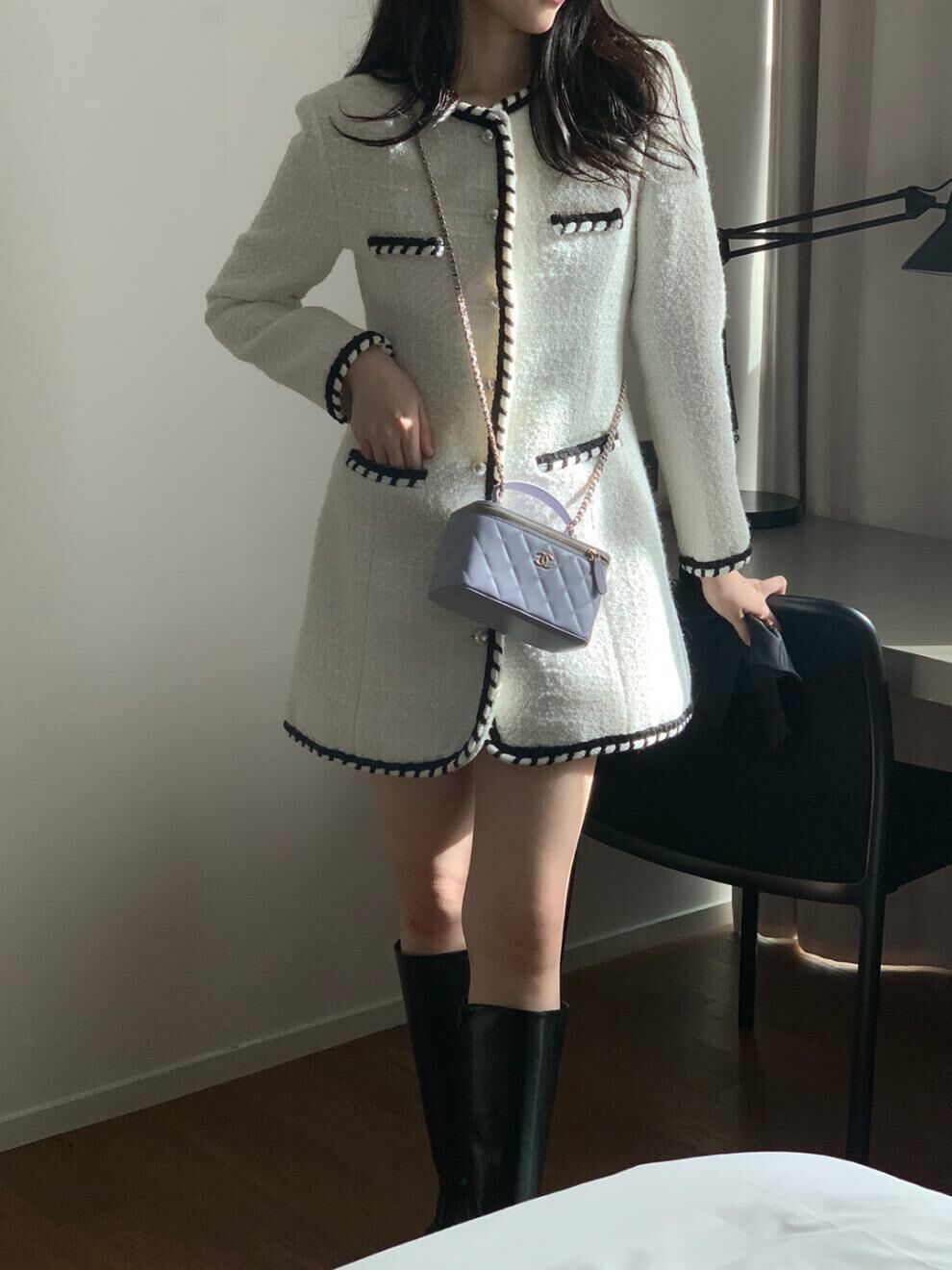 編織鑲邊 小香風圓領洋裝(黑/白)