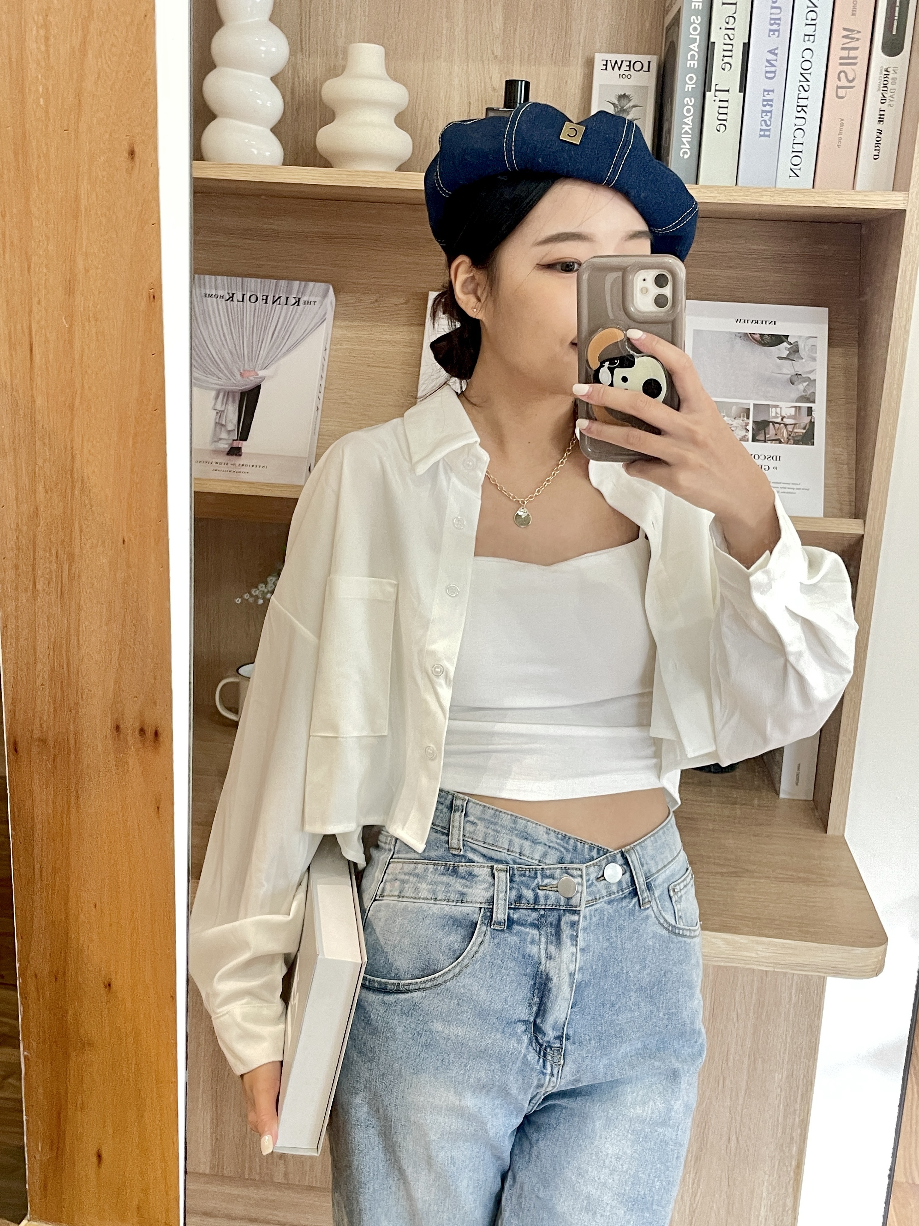 絨毛落肩短襯衫