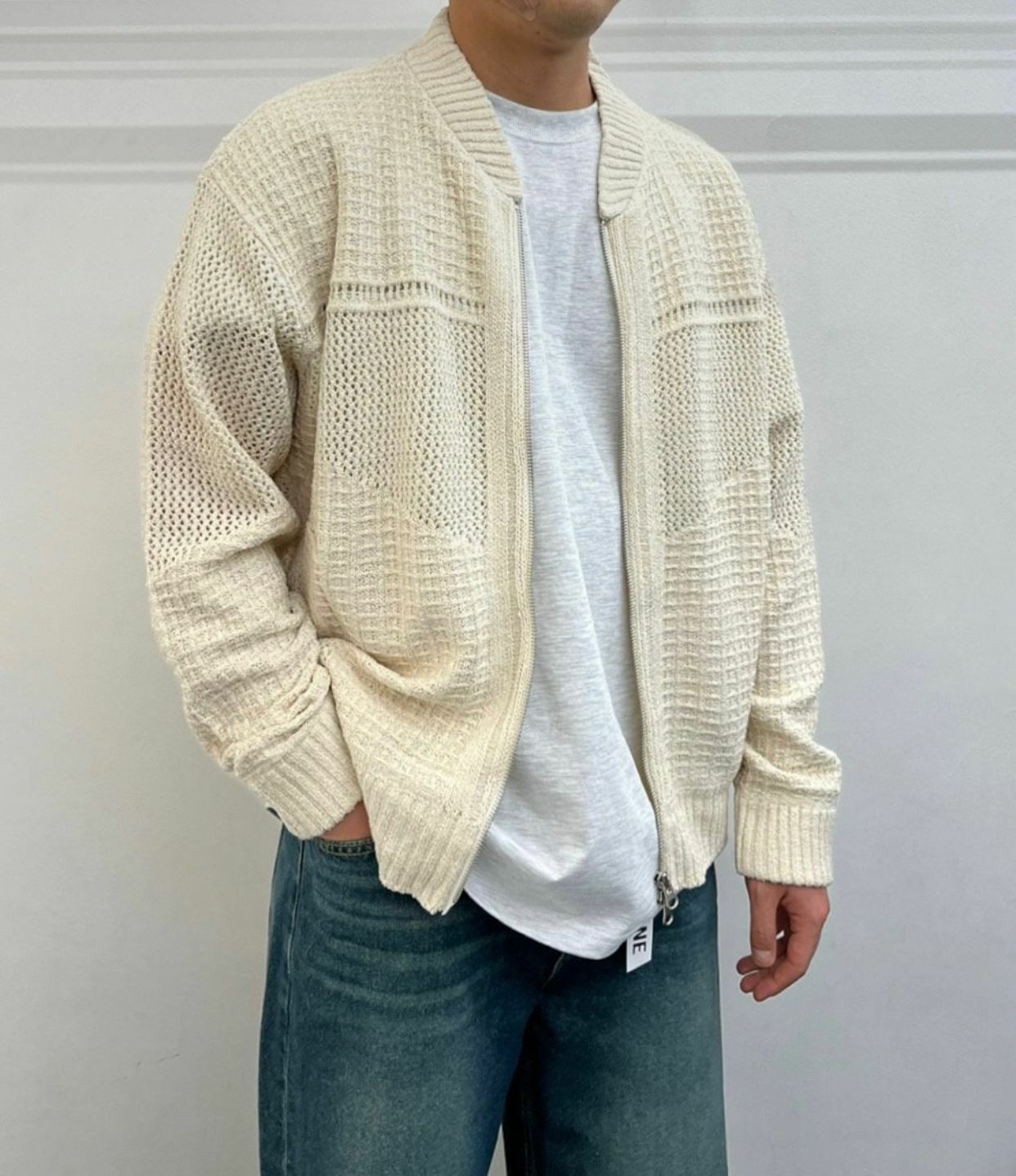 淨色暗紋拉鍊針織外套 WELL DONE-002JK