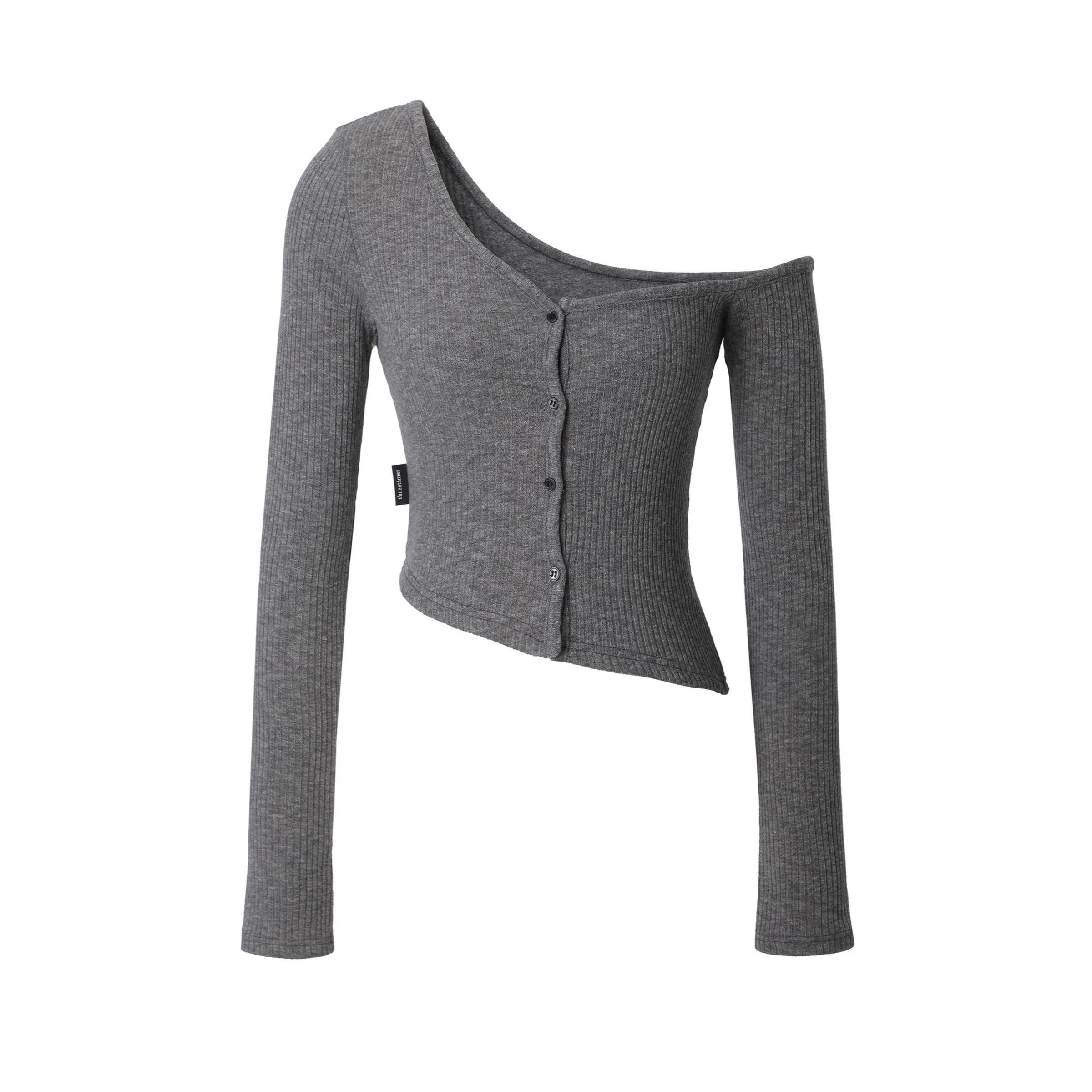 [threetimes] ONE-SHOULDER BUTTON MELANGE TEE