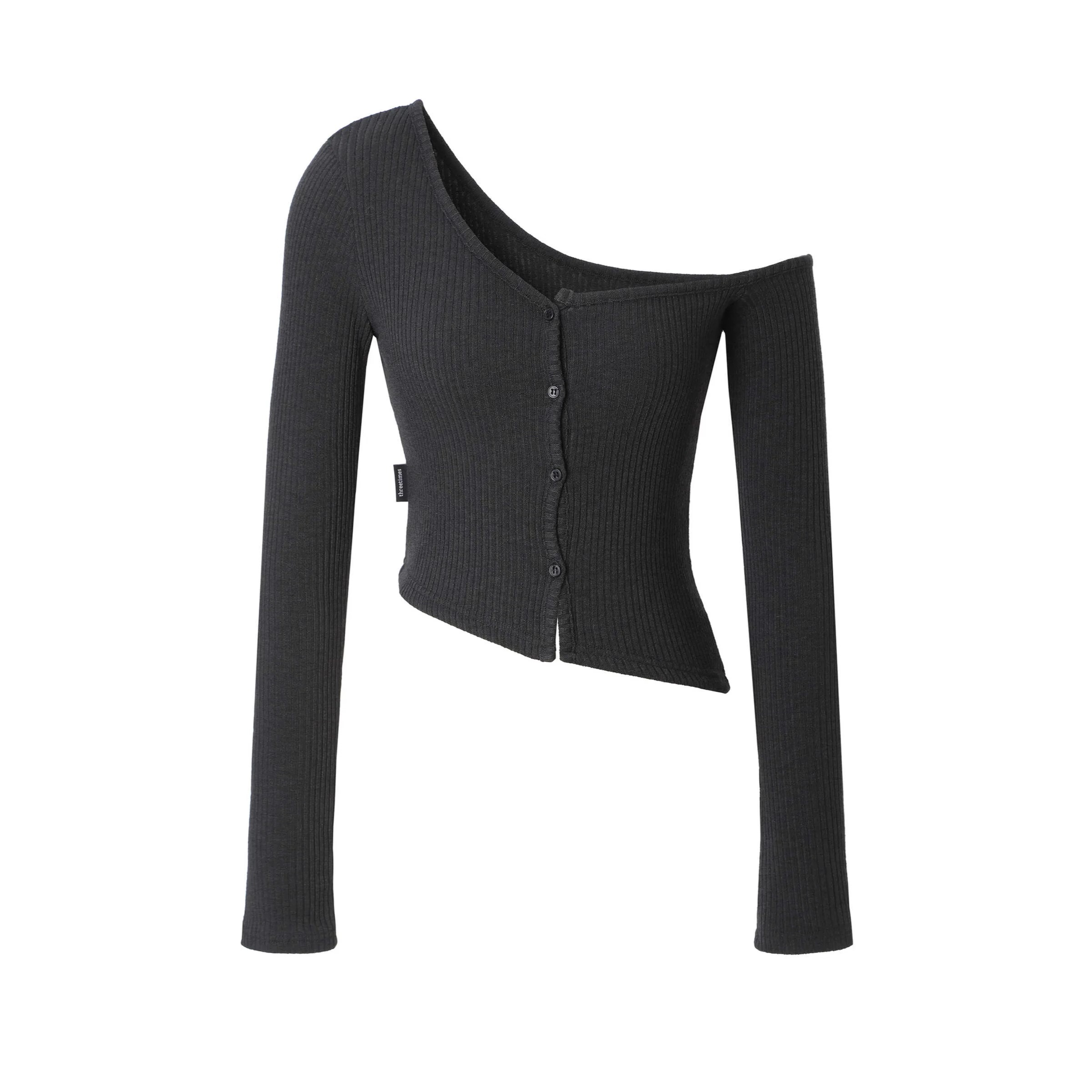 [threetimes] ONE-SHOULDER BUTTON MELANGE TEE