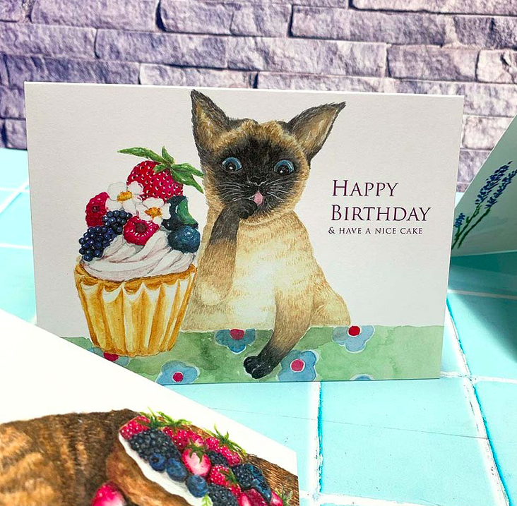 暹羅貓 貓與甜點 生日卡片｜針線球
