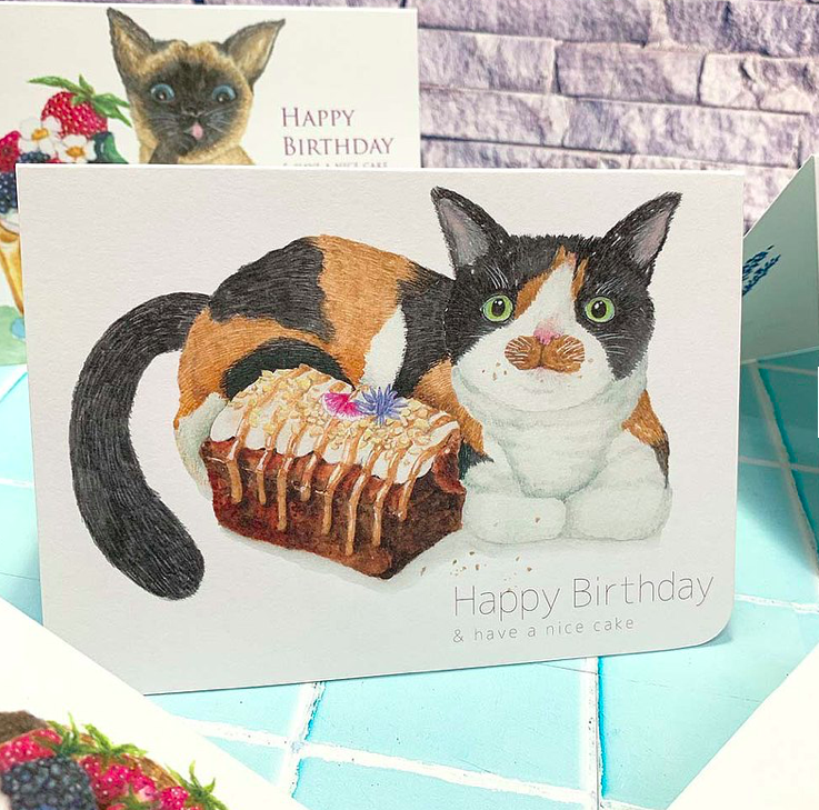 三色貓 貓與甜點 生日卡片｜針線球
