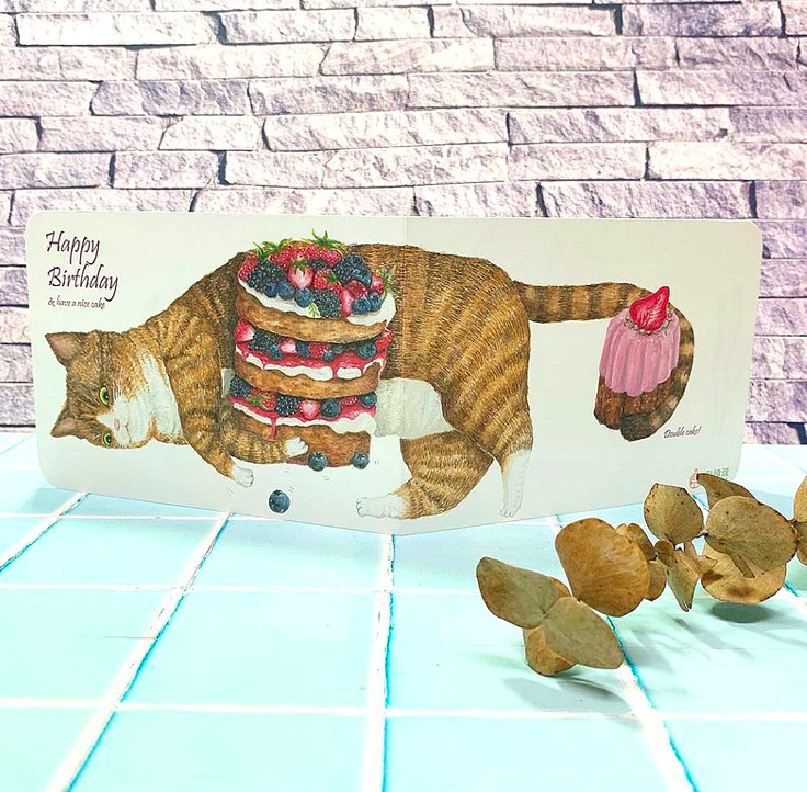 虎斑貓 貓與甜點 生日卡片｜針線球