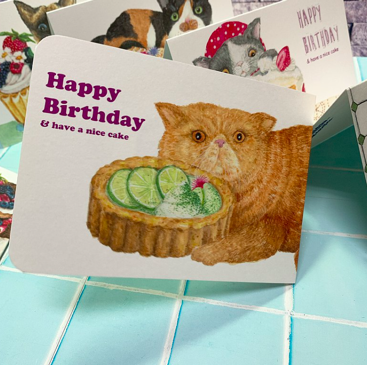 珈菲貓 貓與甜點 生日卡片｜針線球