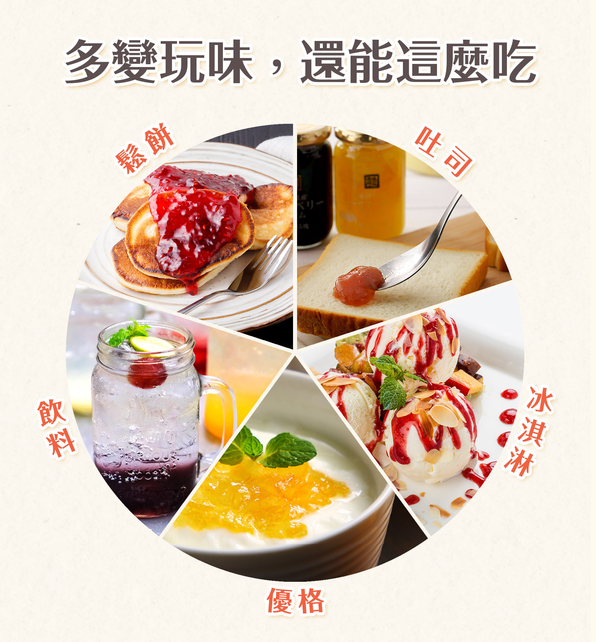 適合搭配麵包、土司、鬆餅、飲料、優格、冰淇淋等多變玩味！