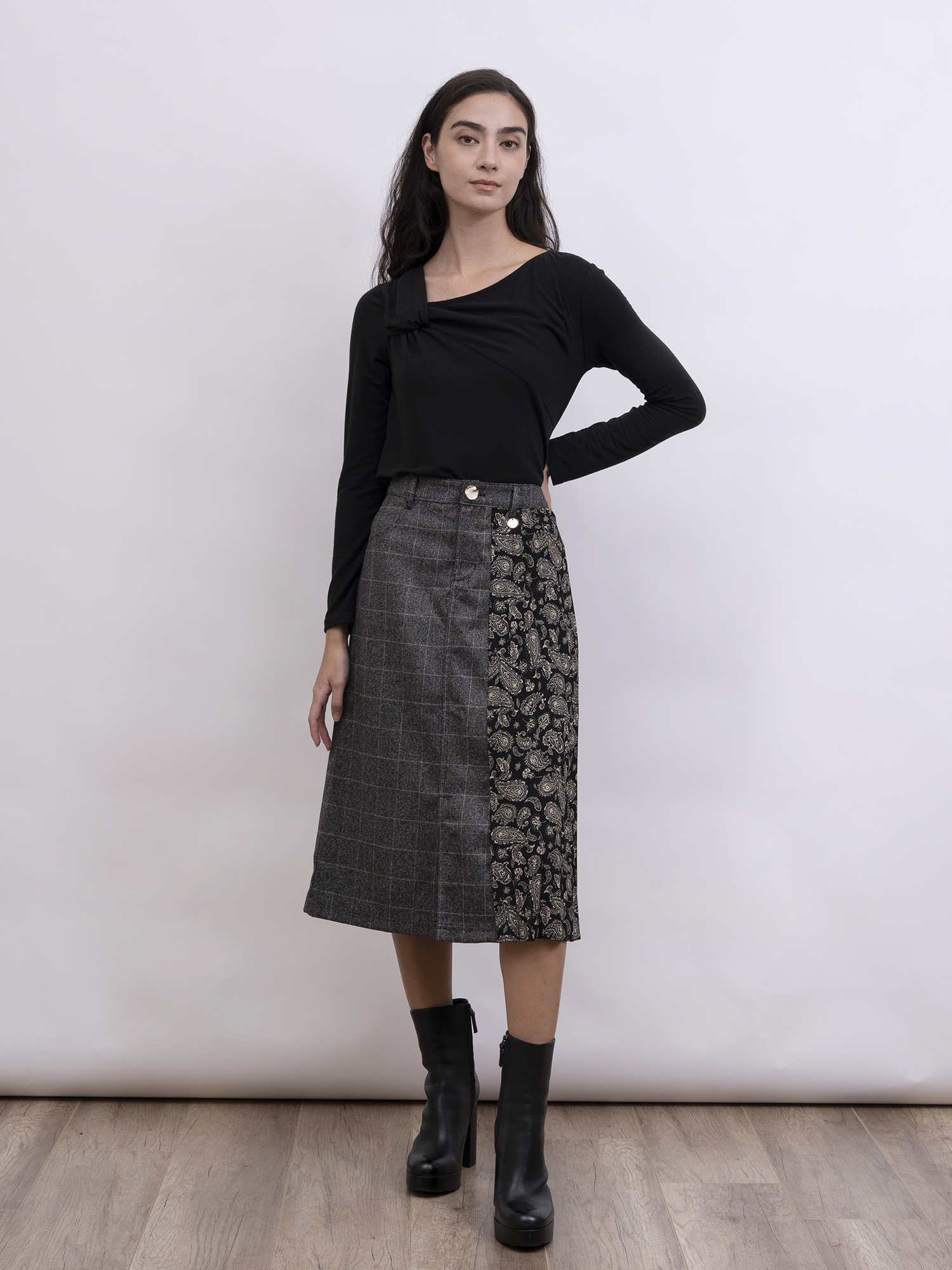 mi-tu 格仔拼接印花半身裙