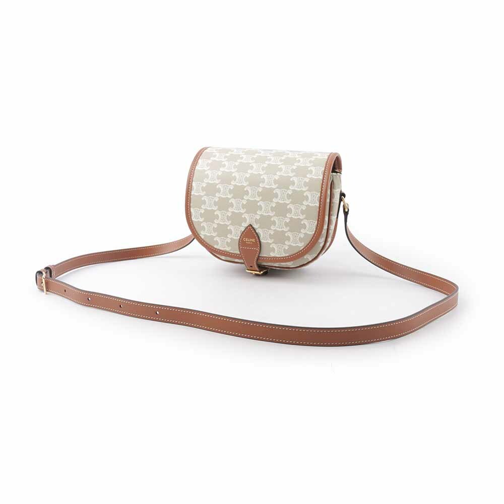 【CELINE】Folco Triomphe帆布小牛皮飾邊釦式馬鞍包(米棕色) 191502FLB.02GR