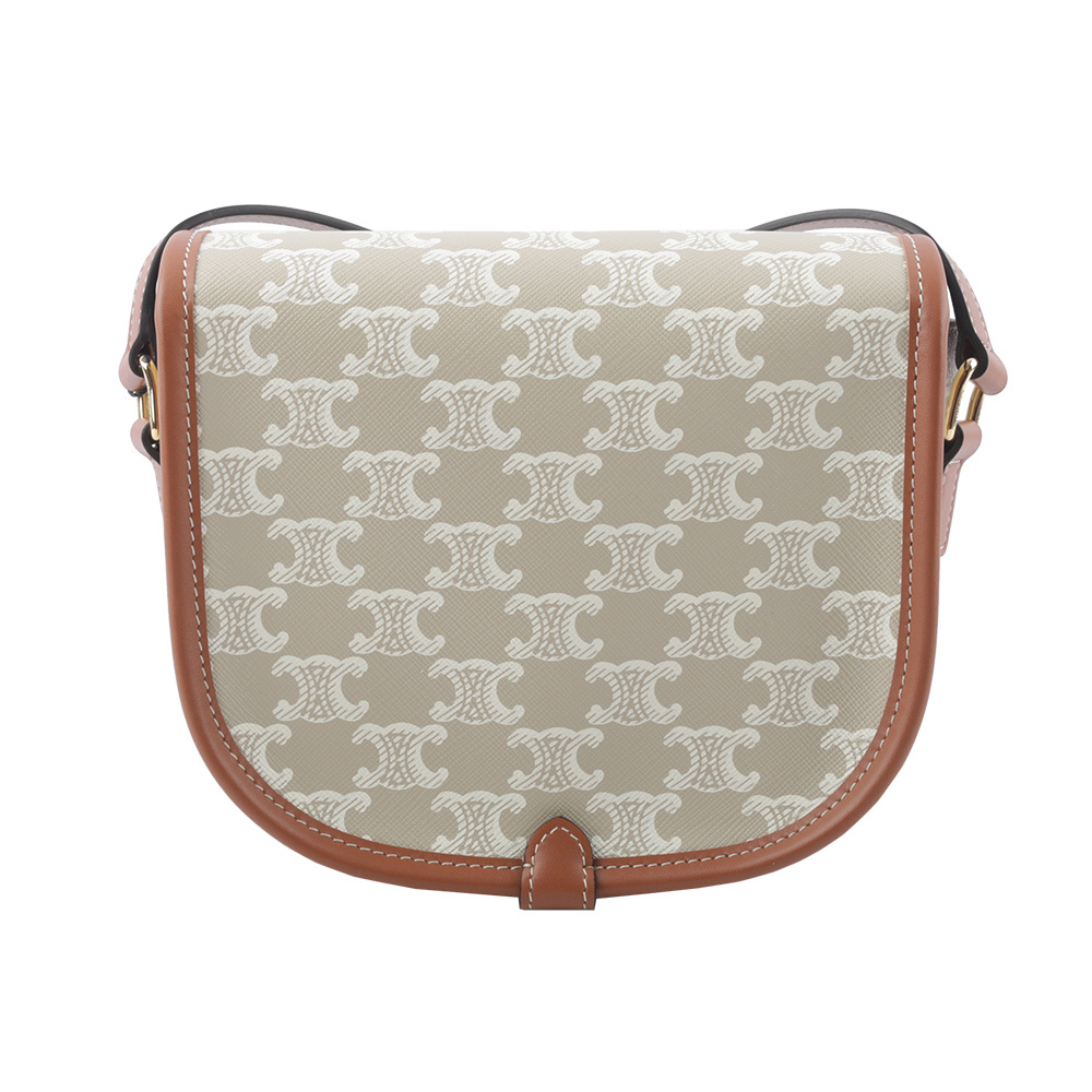 【CELINE】Folco Triomphe帆布小牛皮飾邊釦式馬鞍包(米棕色) 191502FLB.02GR