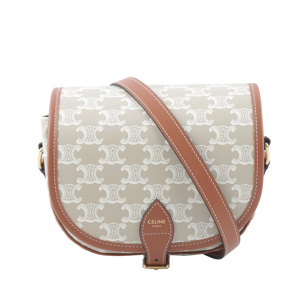【CELINE】Folco Triomphe帆布小牛皮飾邊釦式馬鞍包(米棕色) 191502FLB.02GR