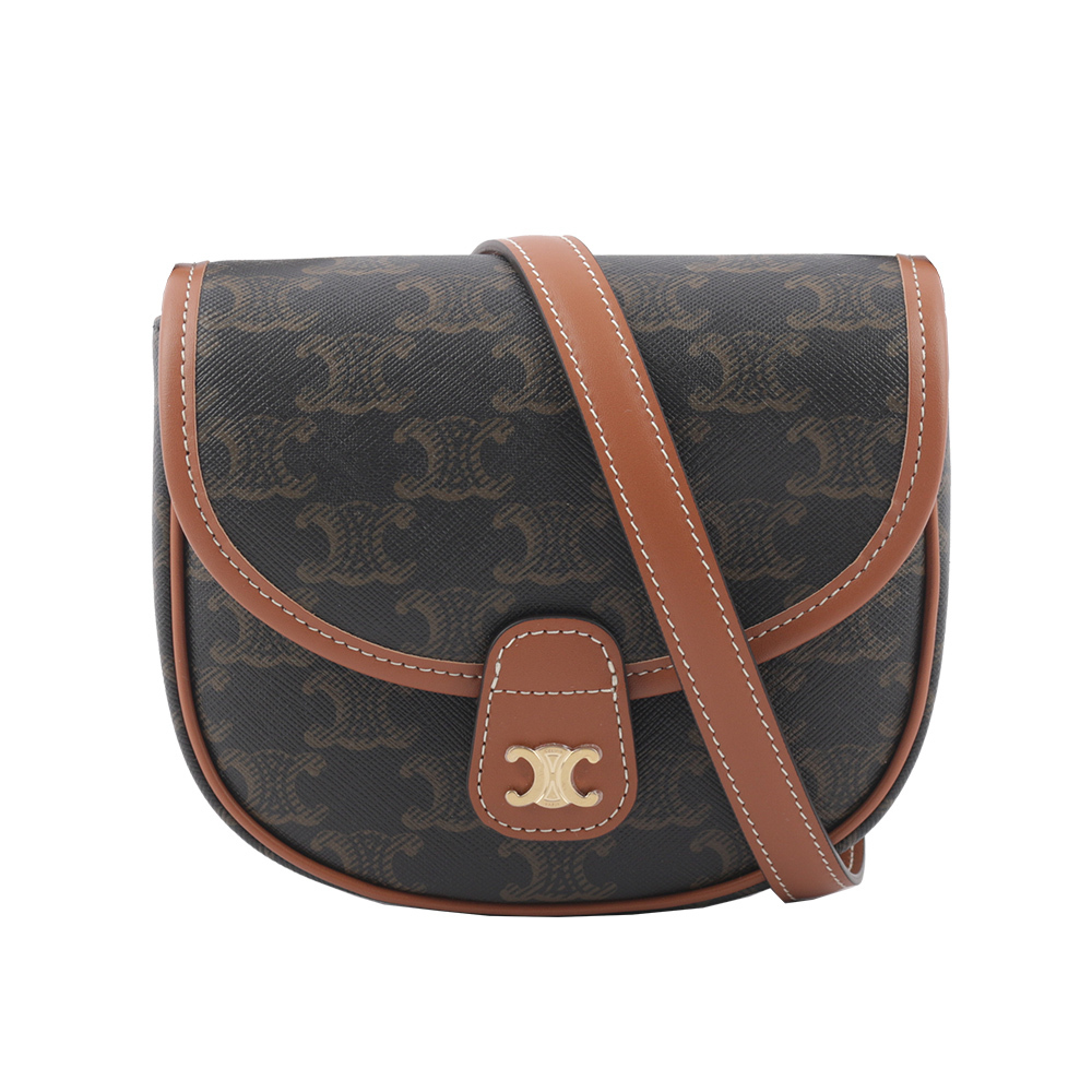 【CELINE】Besace Triomphe 帆布及小牛皮迷你斜背包(棕褐色) 196702BZJ.04LU