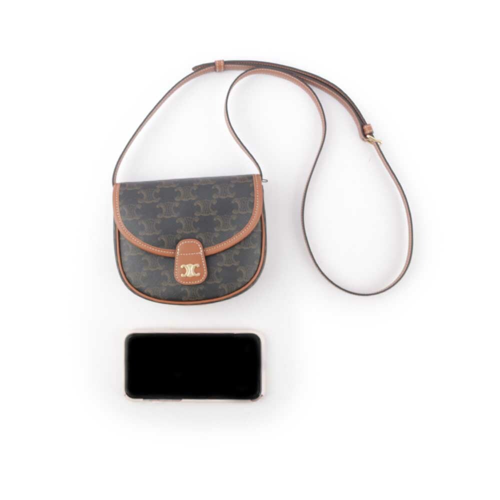 【CELINE】Besace Triomphe 帆布及小牛皮迷你斜背包(棕褐色) 196702BZJ.04LU