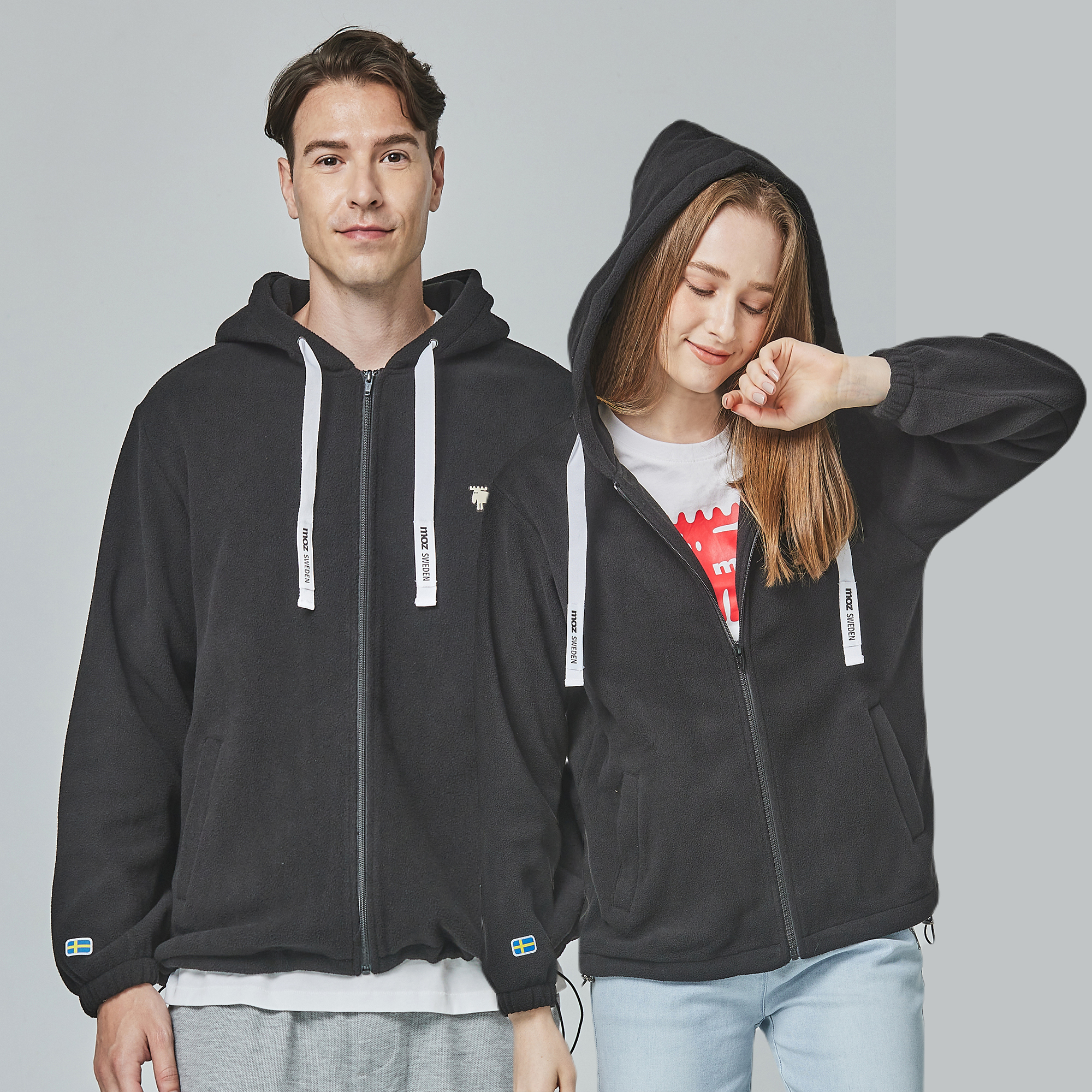 moz瑞典 駝鹿 搖粒絨 貼布綉 抽繩外套(萬年黑)男女共款