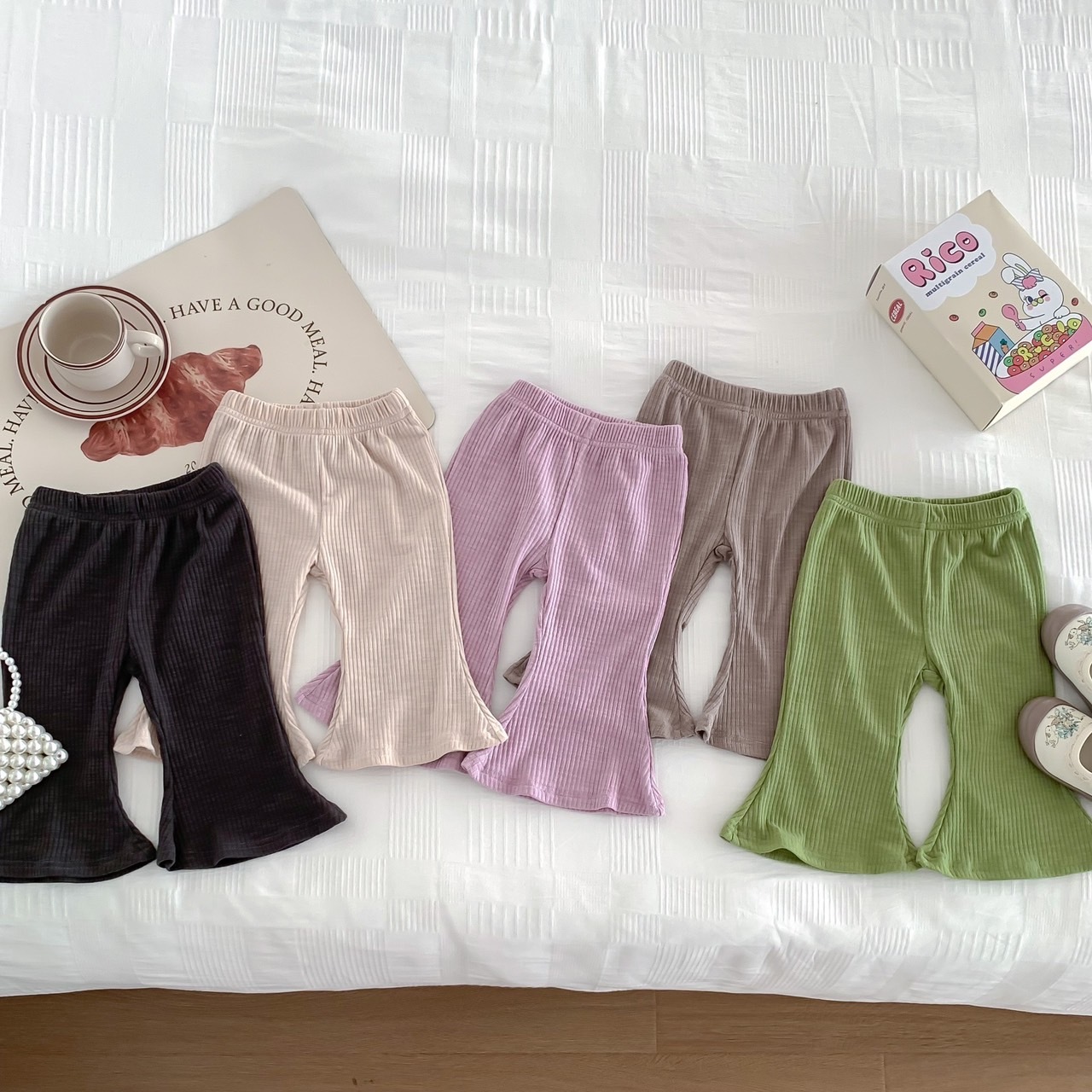 五色螺紋彈力喇叭褲