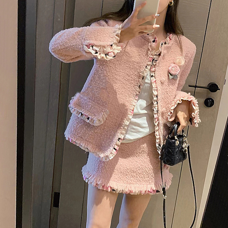 花瓣荷葉邊 毛尼短裙套裝