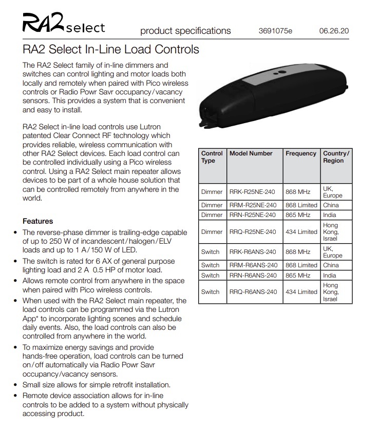 路創 RA2 SELECT RRQ-R25NE-240 在線調光器控制