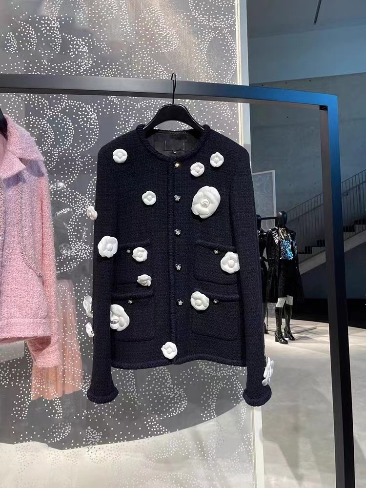 立體山茶花 毛尼長版外套