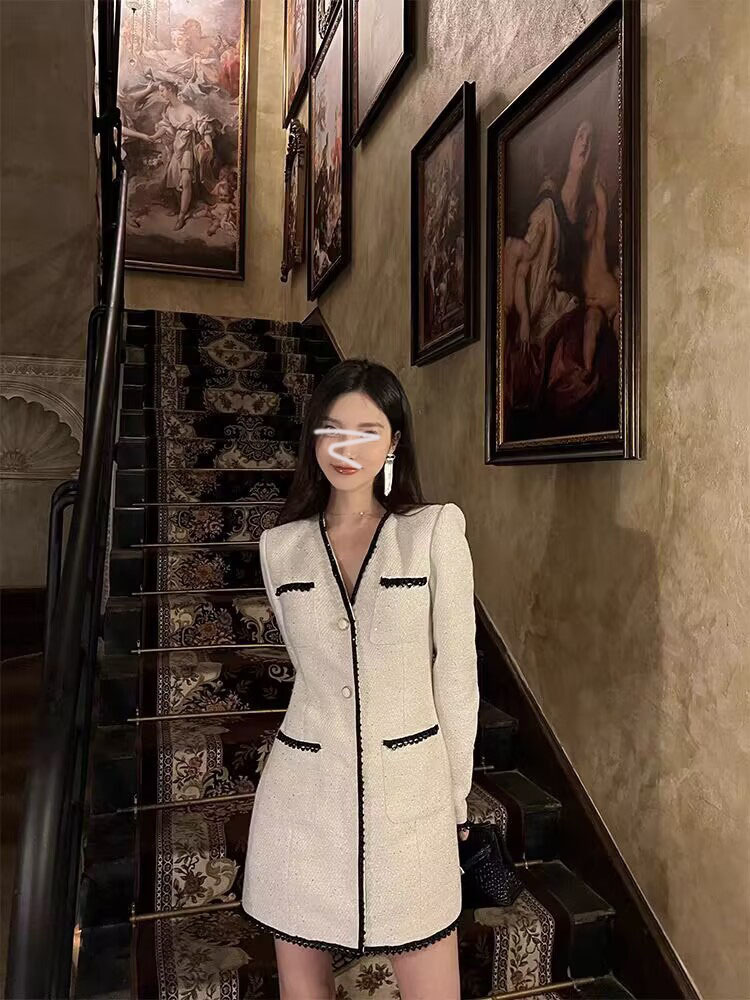 重工小香 V領收腰外套式洋裝