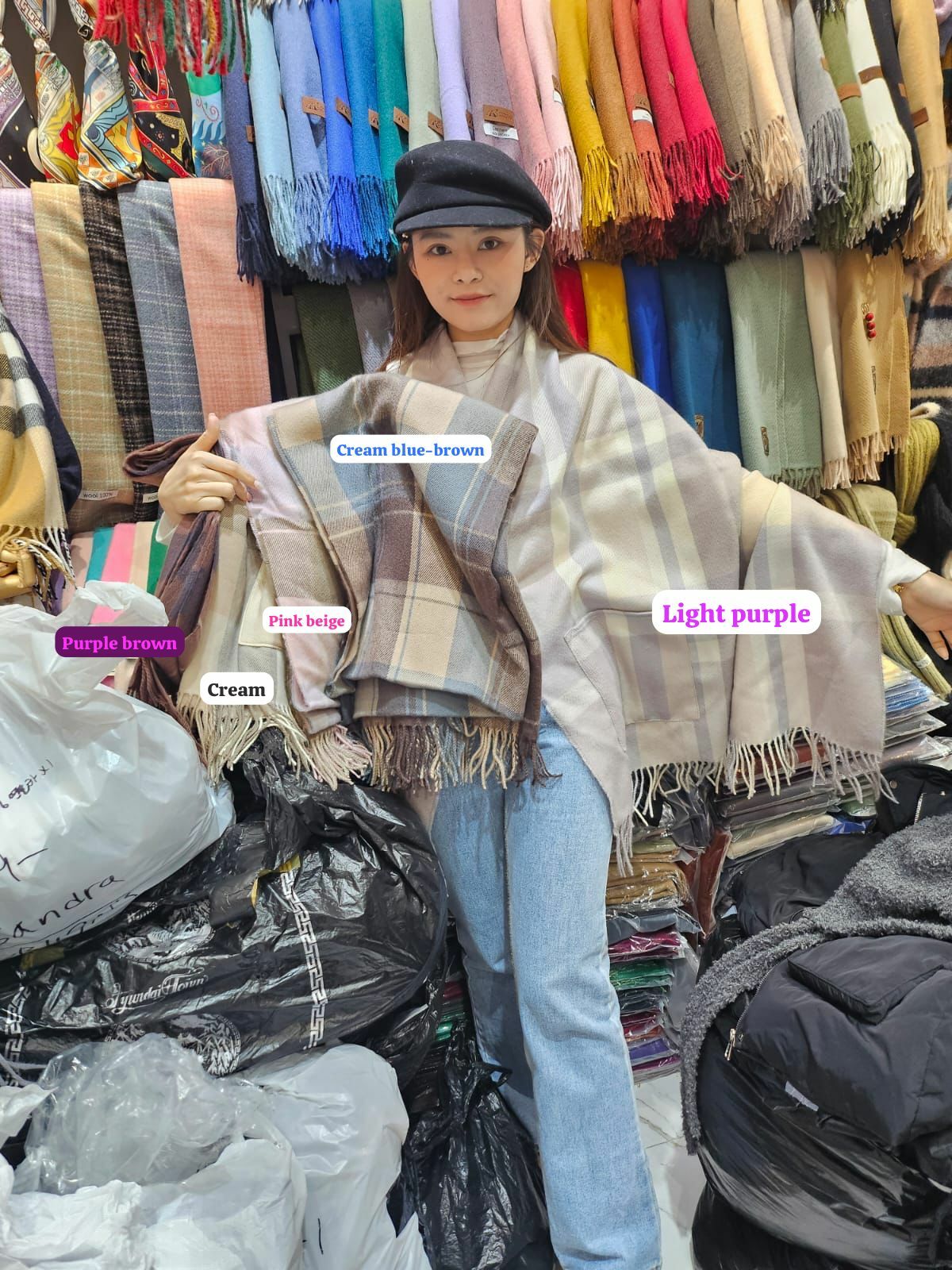 N818 溫柔格紋口袋披肩