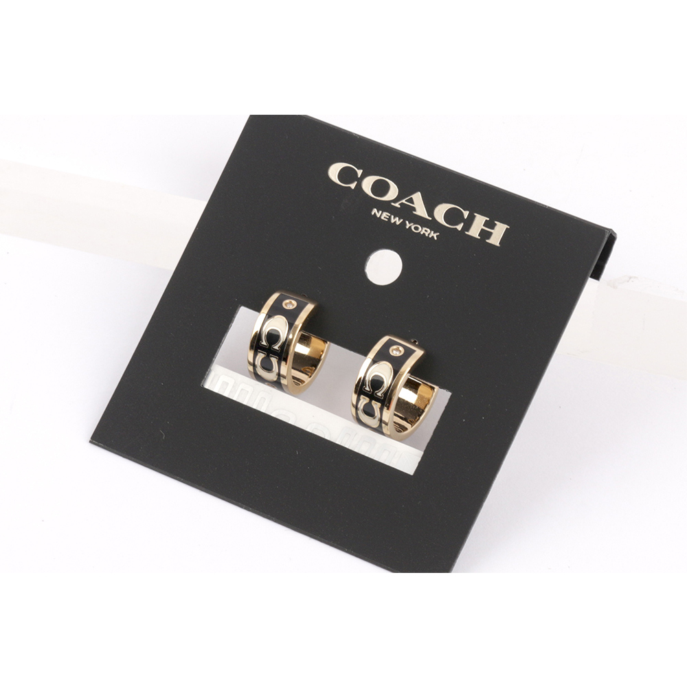 【COACH】CC Logo 琺瑯及玻璃水鑽環狀耳環(金色/黑色) CI903 GDBK