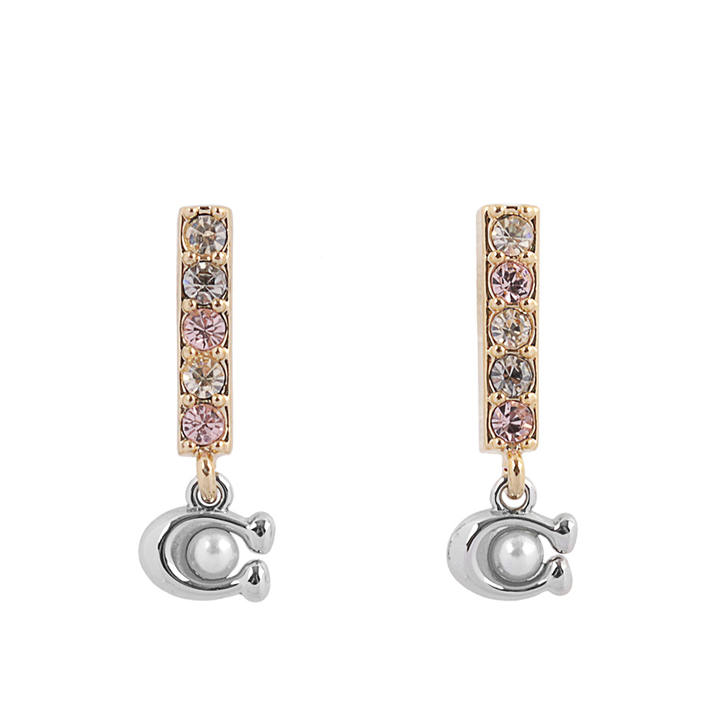 【COACH】C Logo 及玻璃珍珠條狀水鑽耳環