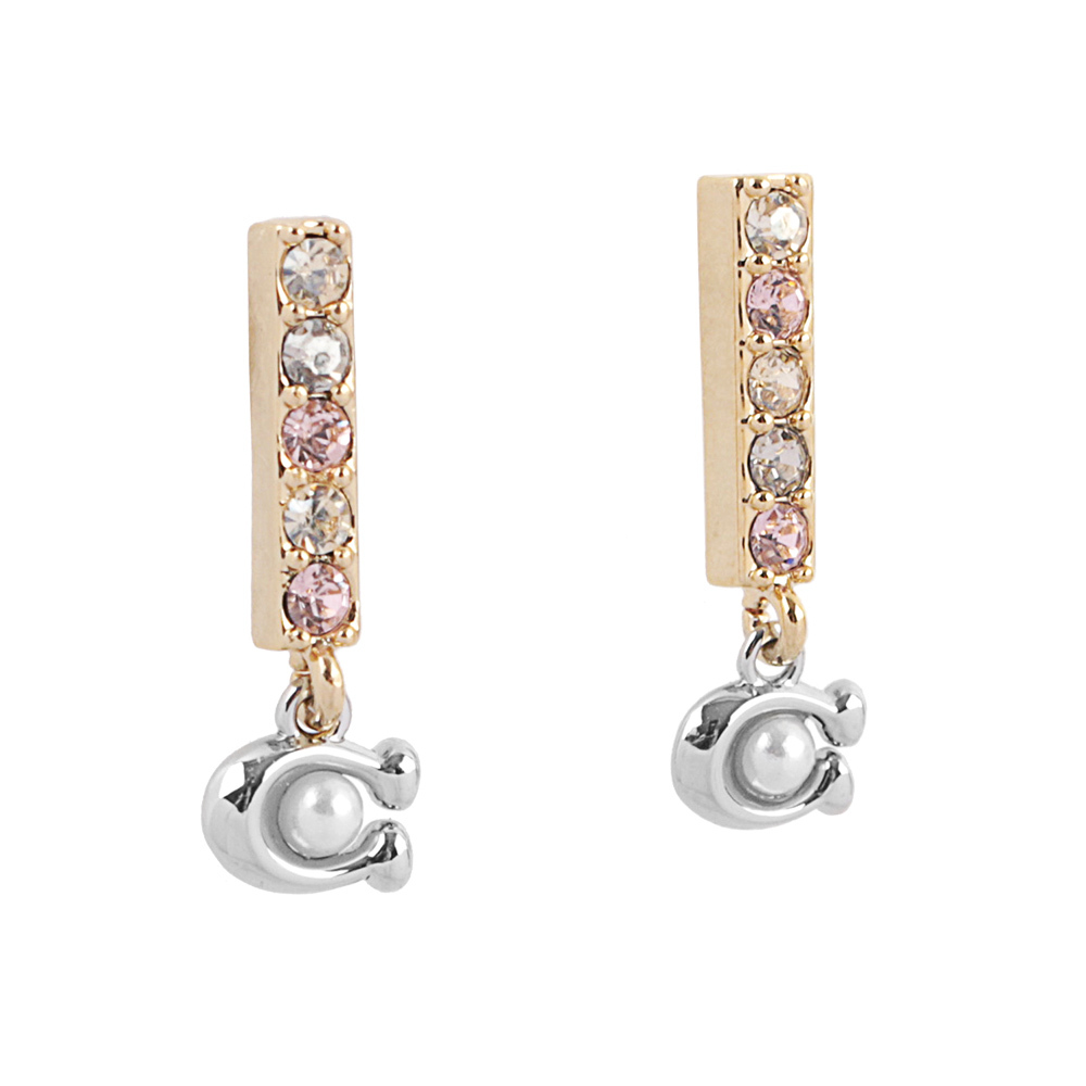 【COACH】C Logo 及玻璃珍珠條狀水鑽耳環(金色) CL142 GLD