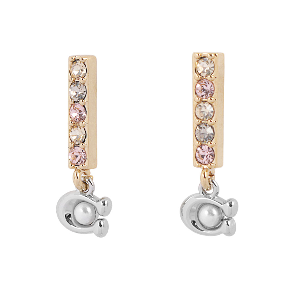 【COACH】C Logo 及玻璃珍珠條狀水鑽耳環(金色) CL142 GLD