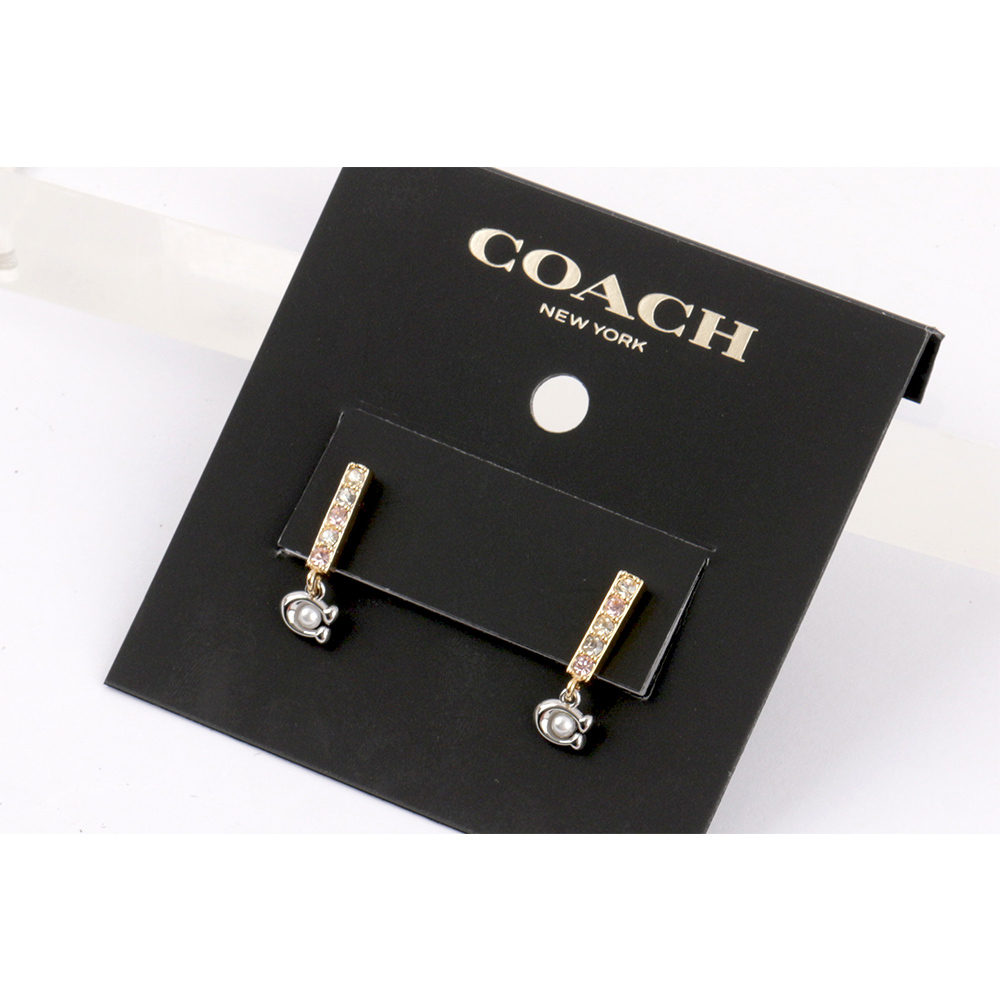 【COACH】C Logo 及玻璃珍珠條狀水鑽耳環(金色) CL142 GLD