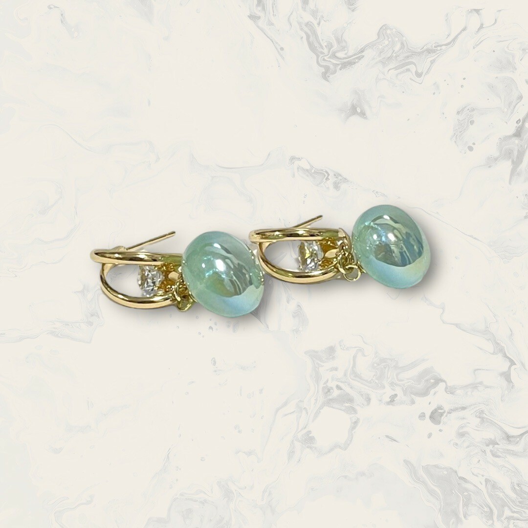 韓國直送-銀針 中鋯金雙線C圈吊淡色亮粉扁圓珠 鍍14K 2色