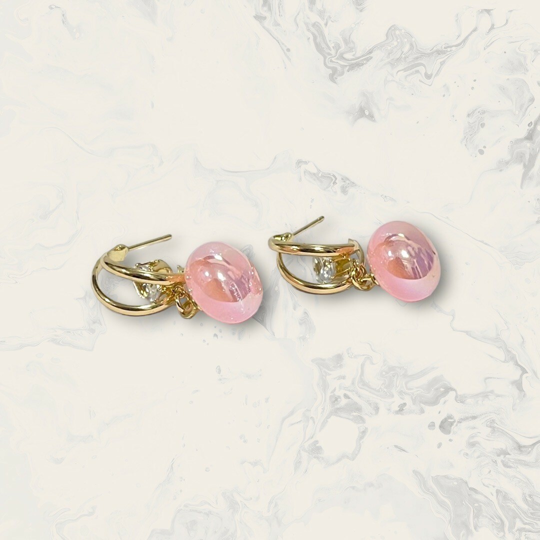 韓國直送-銀針 中鋯金雙線C圈吊淡色亮粉扁圓珠 鍍14K 2色