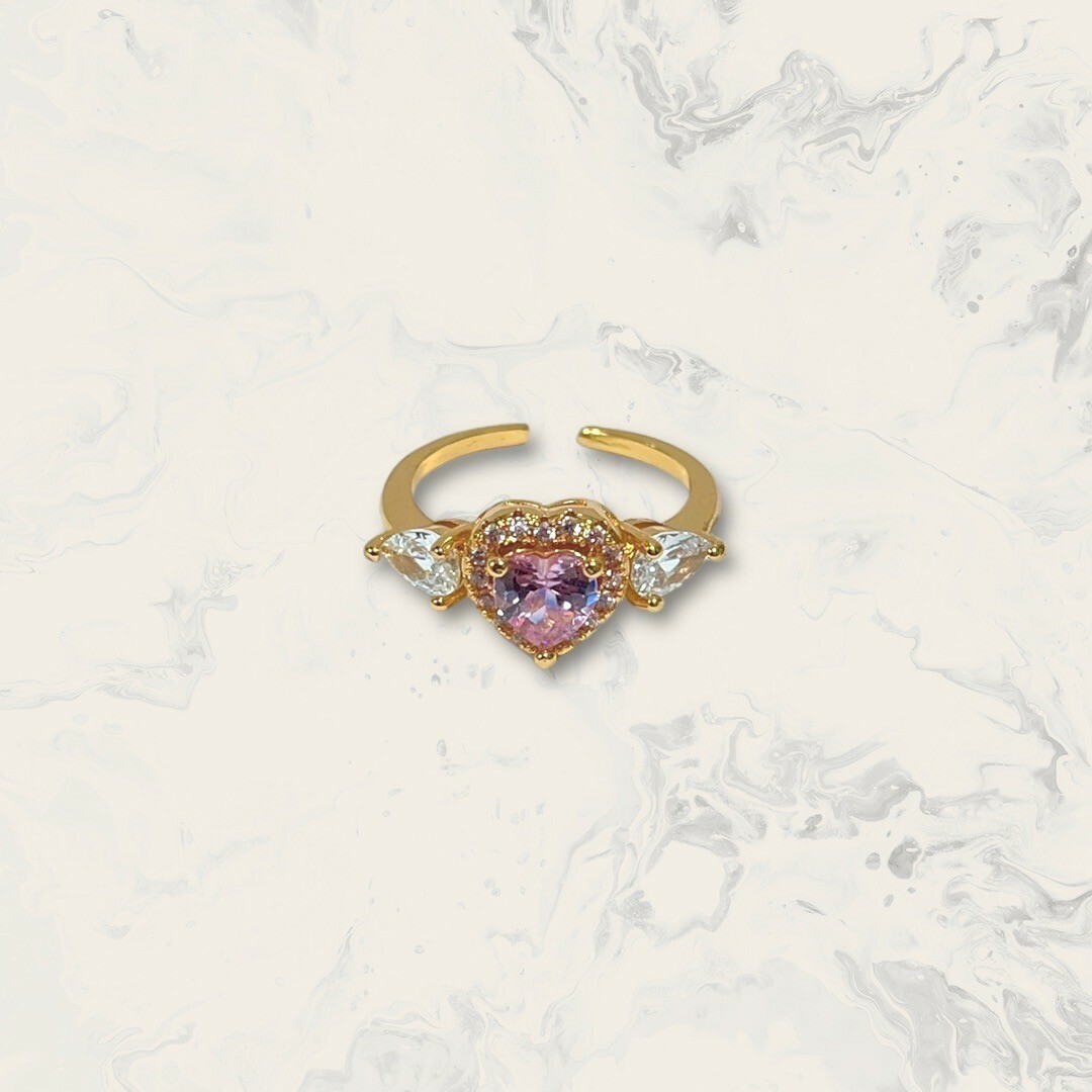 韓國直送戒指 可調式 粉線鋯粉愛心鋯雙側水滴鋯 鍍14K