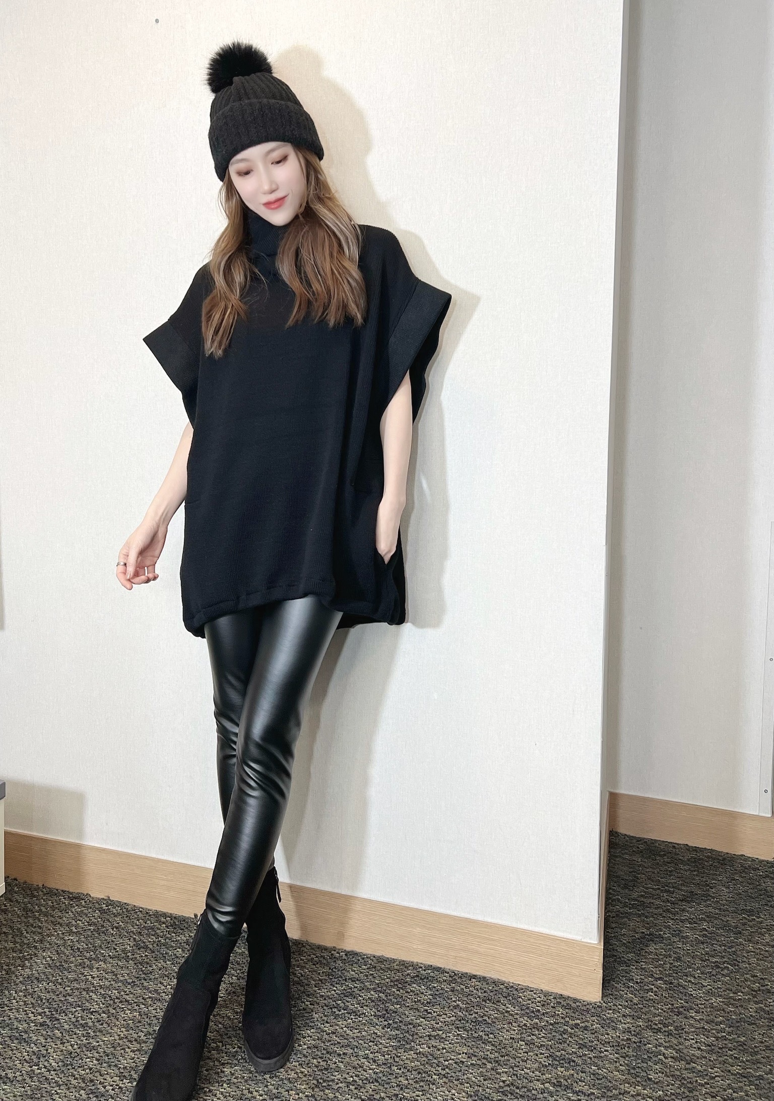 高領半袖寬鬆針織洋