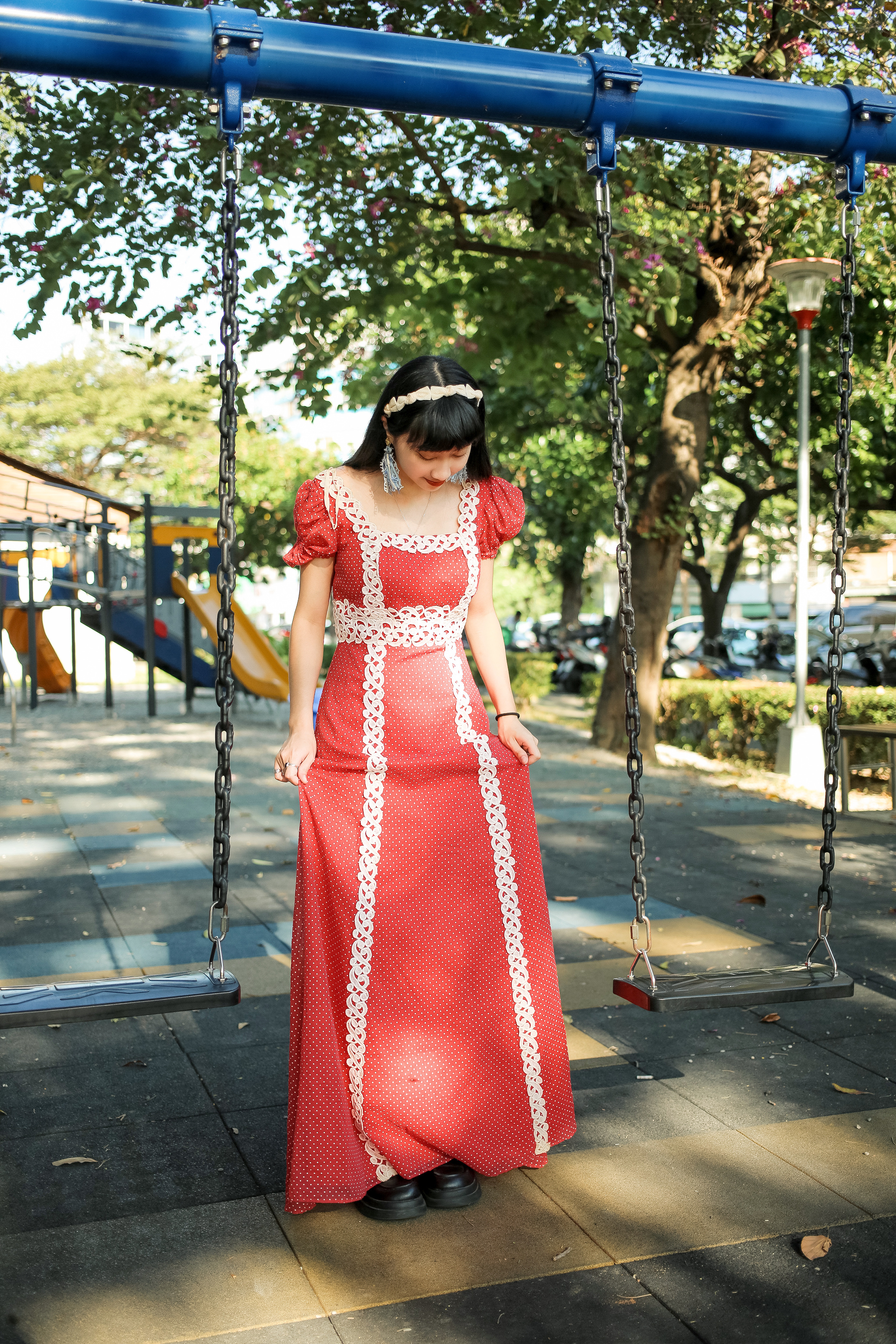 Vintage Dress / 古著紅底白點後簍空綁帶禮服