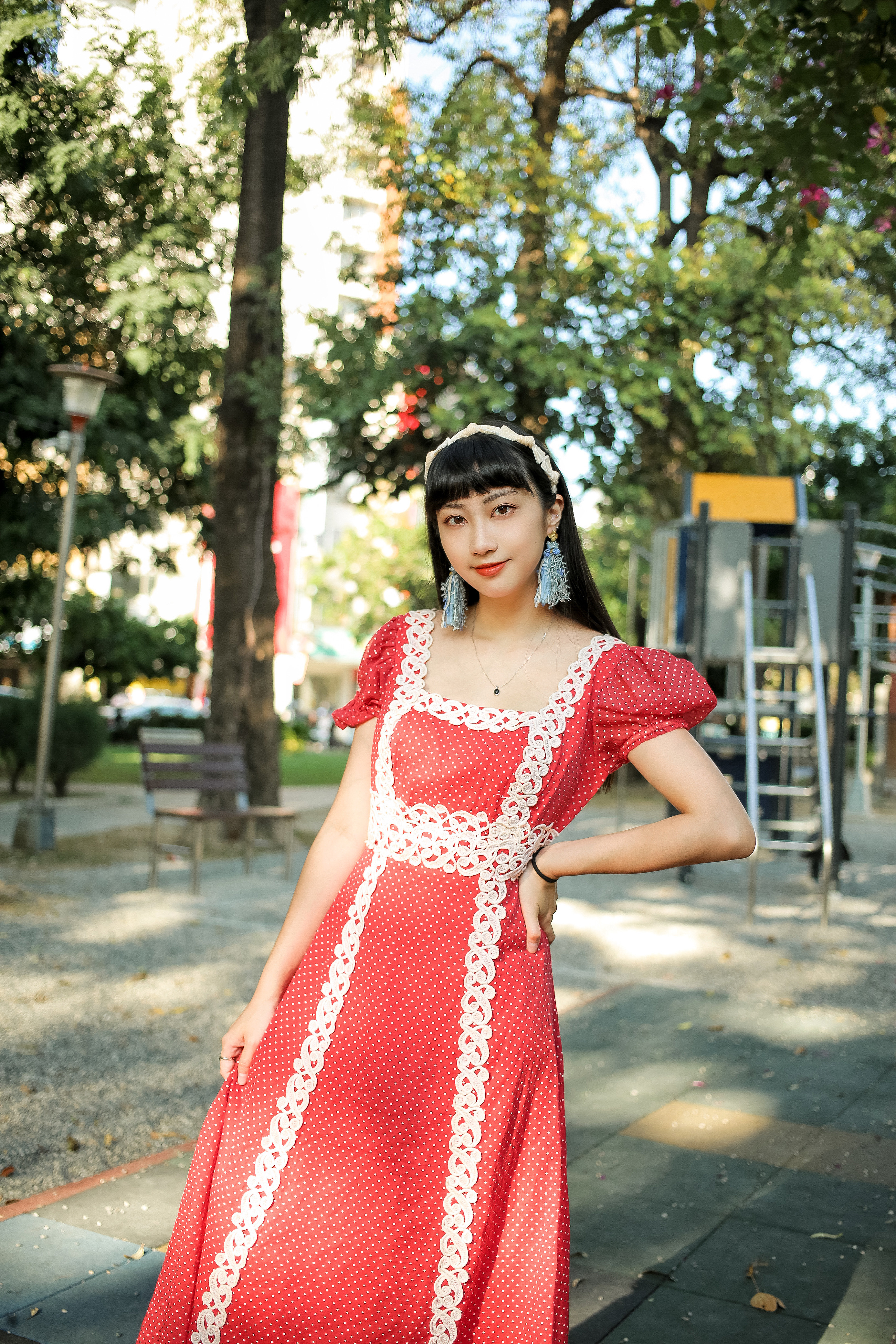 Vintage Dress / 古著紅底白點後簍空綁帶禮服