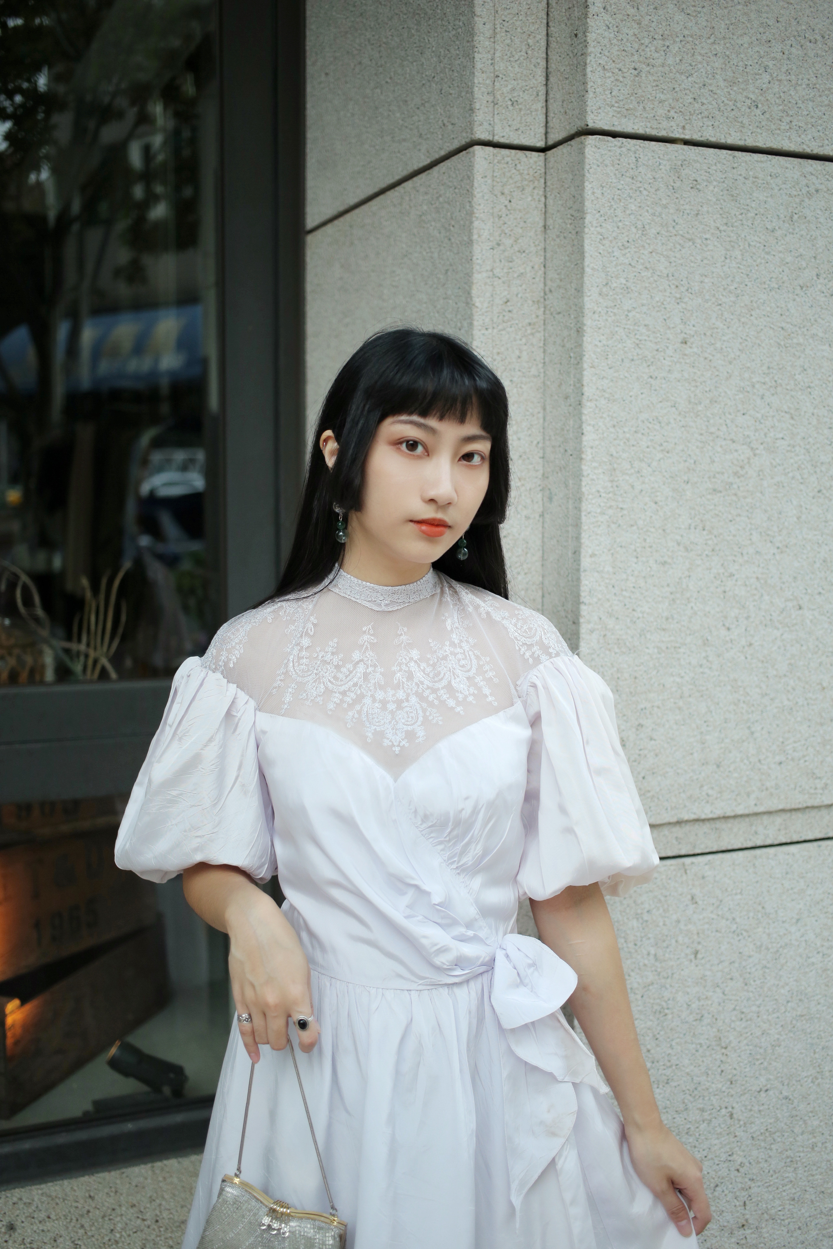 Vintage Dress / 古著淡紫色蕾絲澎袖禮服