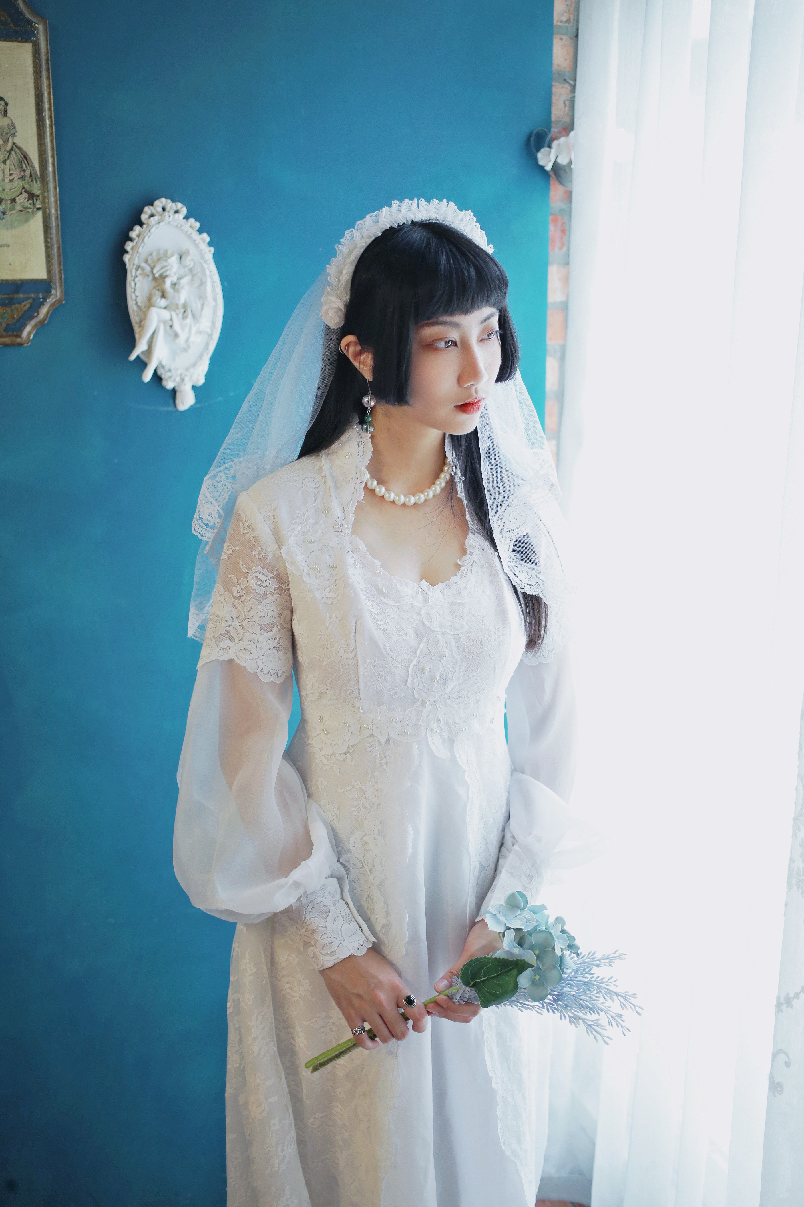 Vintage Dress / 古著皇后領高腰拖擺婚紗