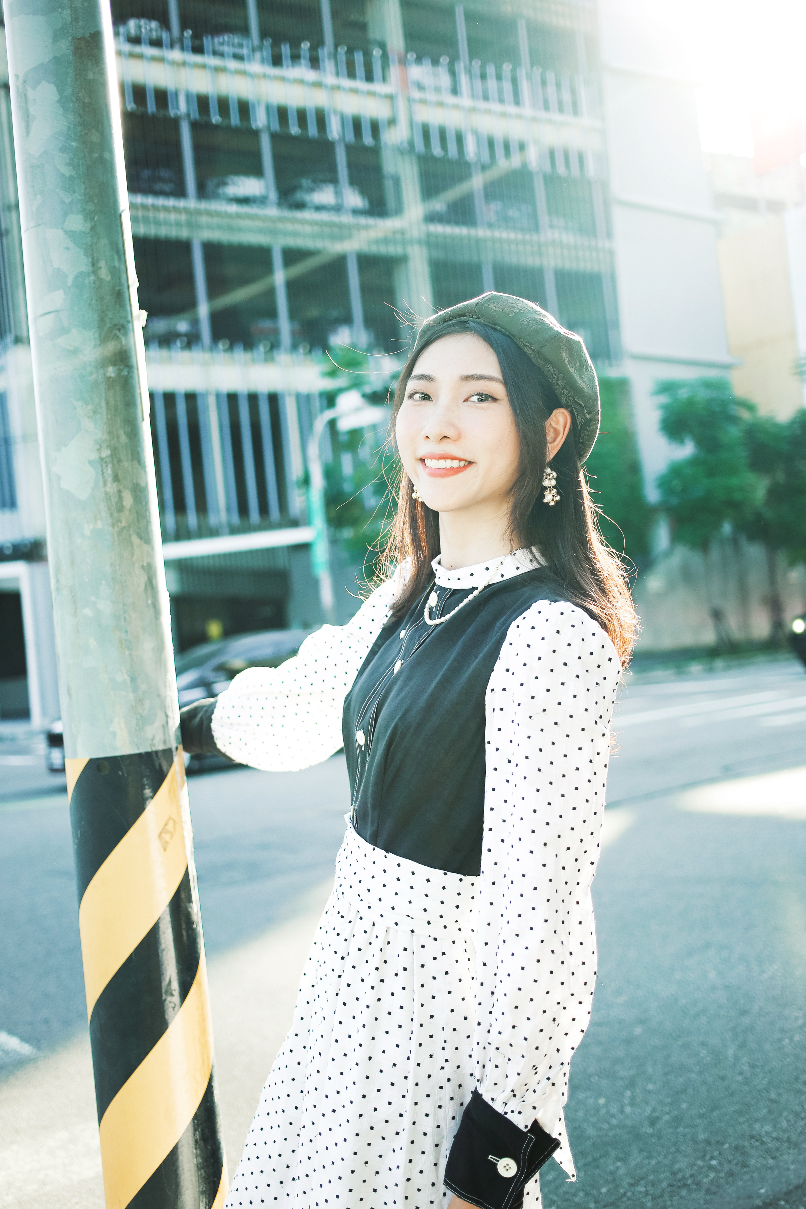 Vintage Dress / 古著白底方點點綁帶洋裝