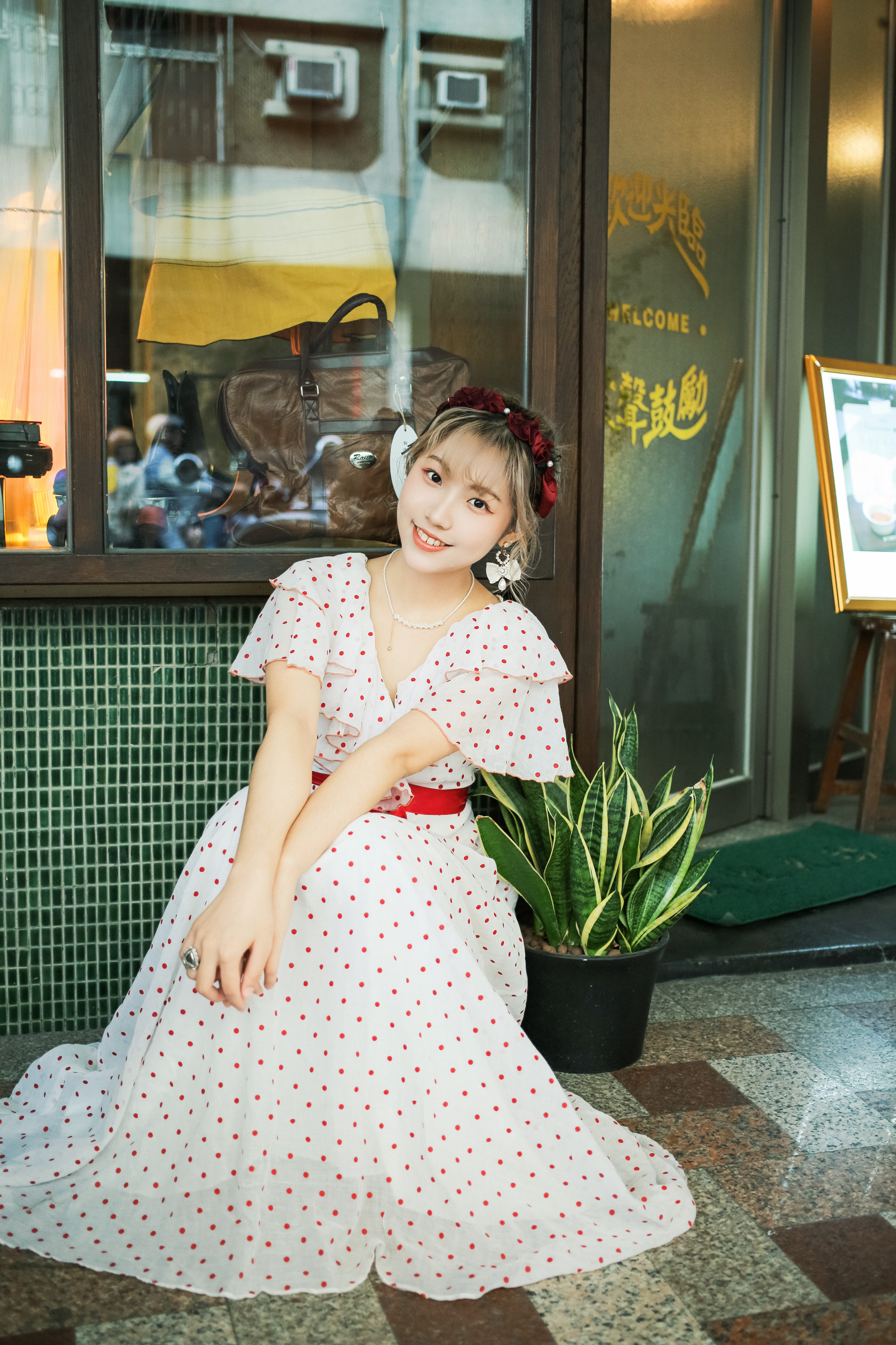 Vintage Dress / 古著荷葉領紅色水玉綁帶洋裝