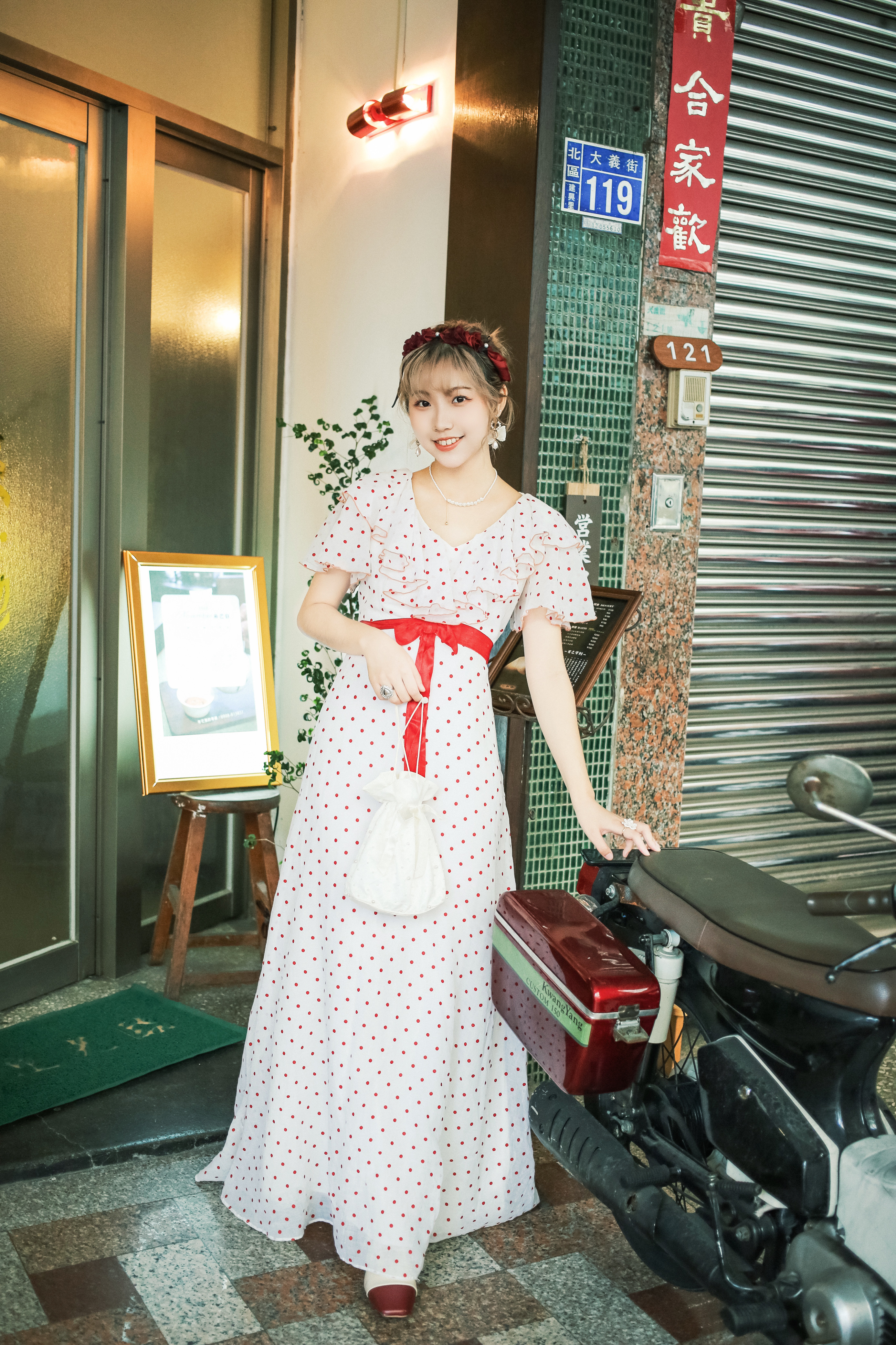 Vintage Dress / 古著荷葉領紅色水玉綁帶洋裝