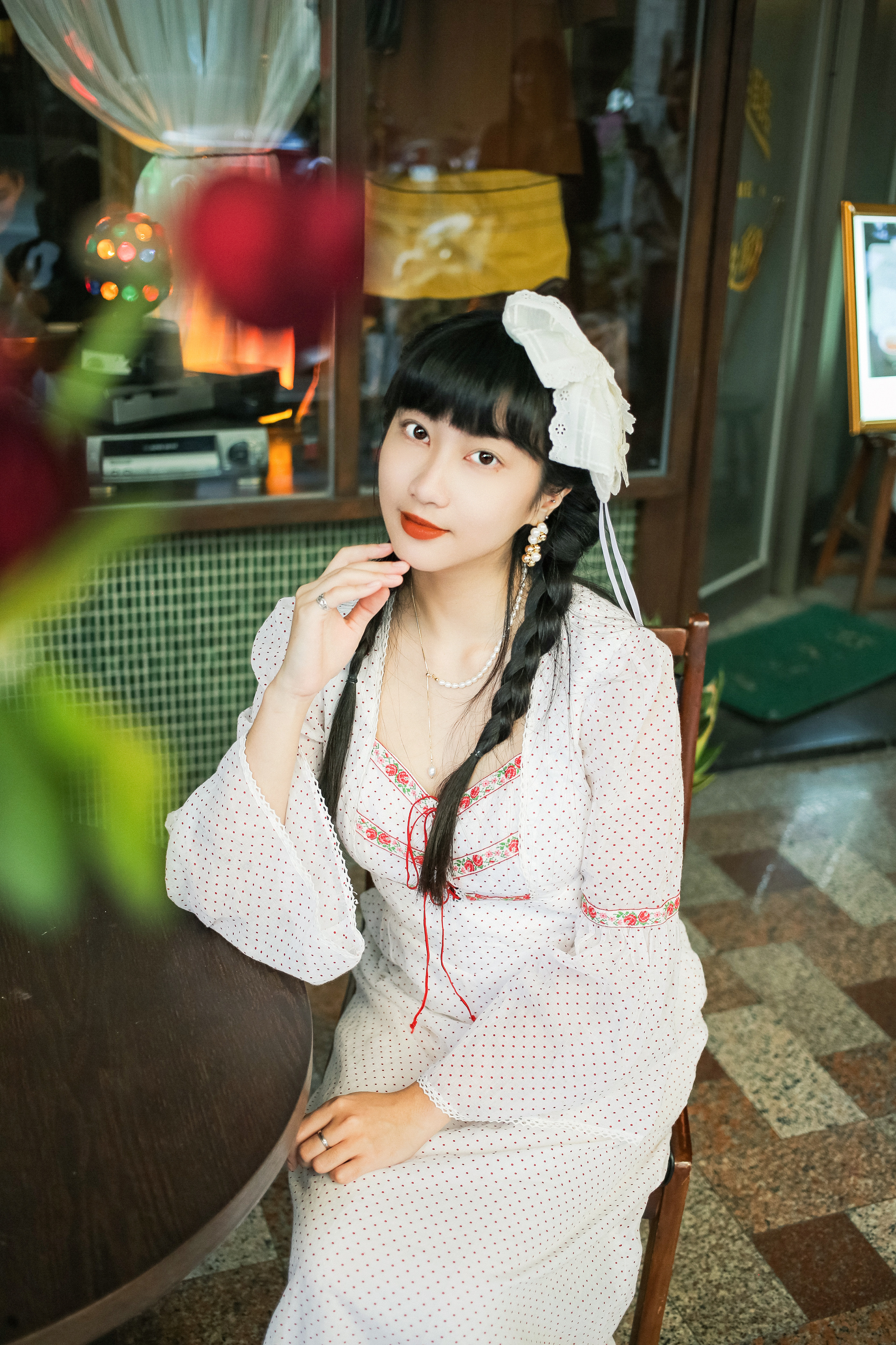 Vintage Dress / 古著歐風紅點刺繡緞帶洋裝