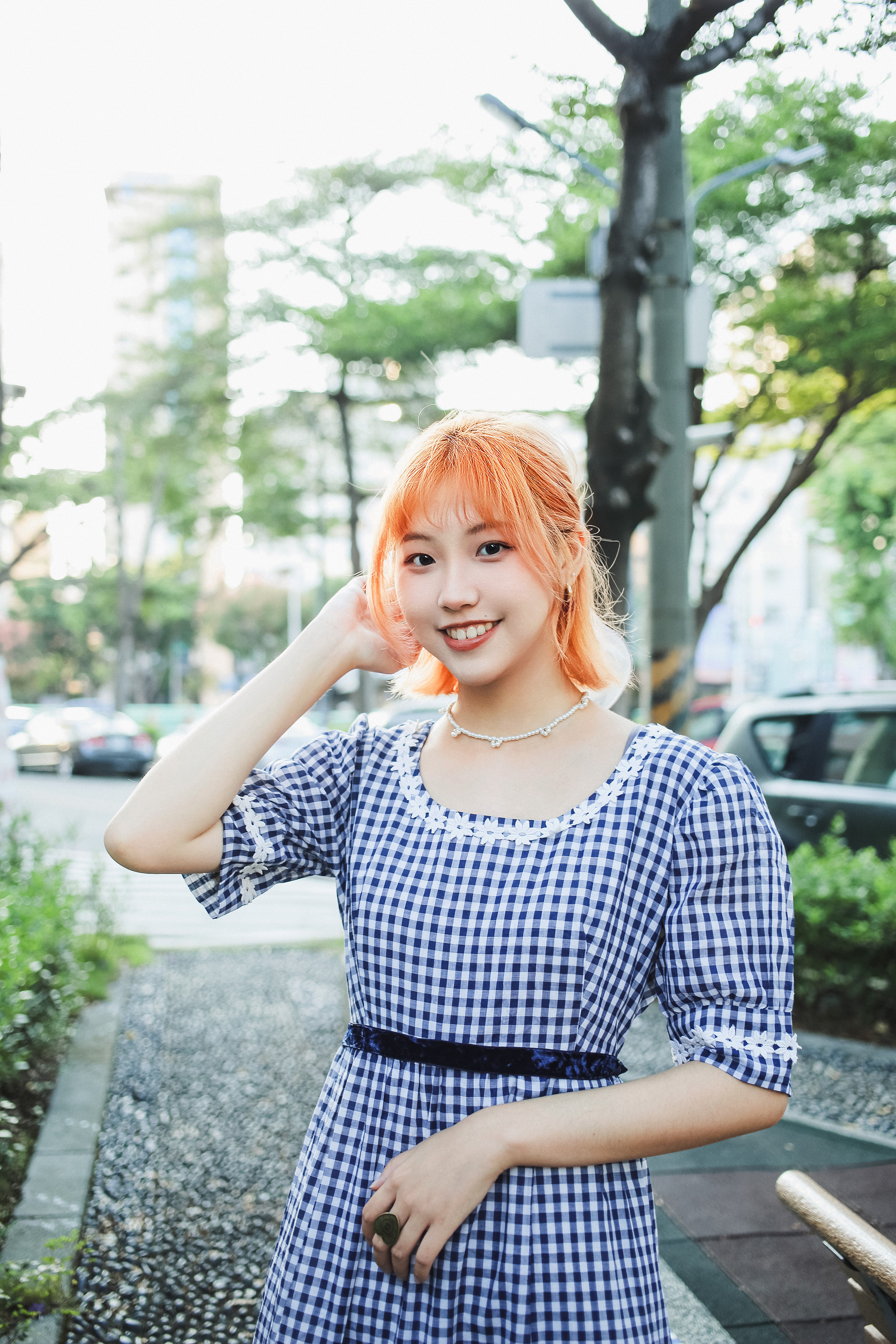 Vintage Dress /古著貼花圓領深藍格紋洋裝