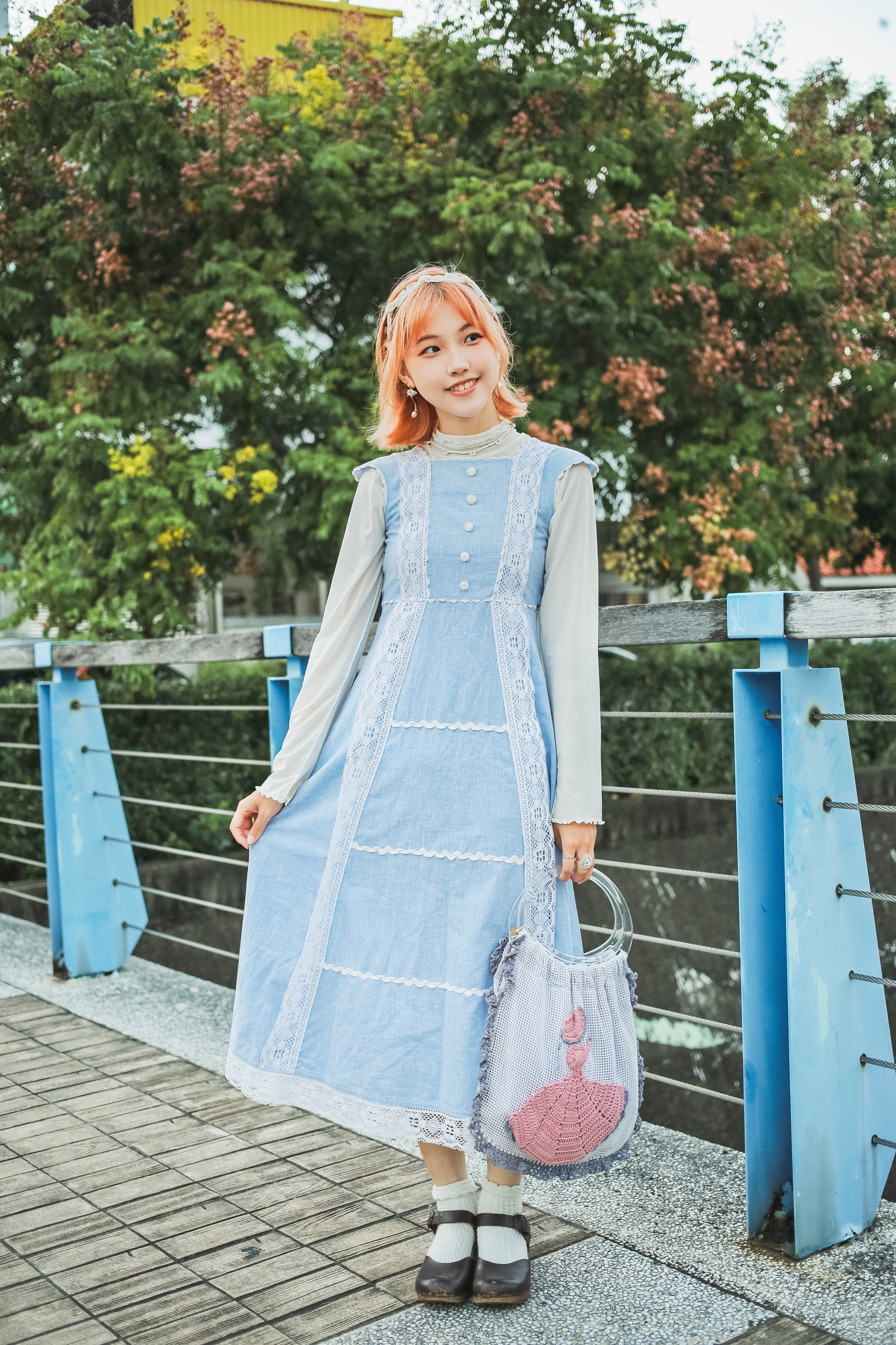 Vintage Dress /古著無袖蕾絲拼接水藍大童洋裝