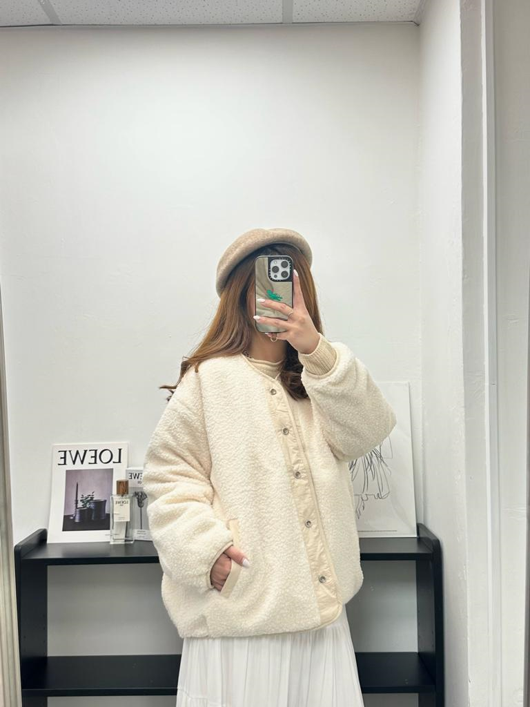 雙面毛毛薄夾棉外套(米杏色)