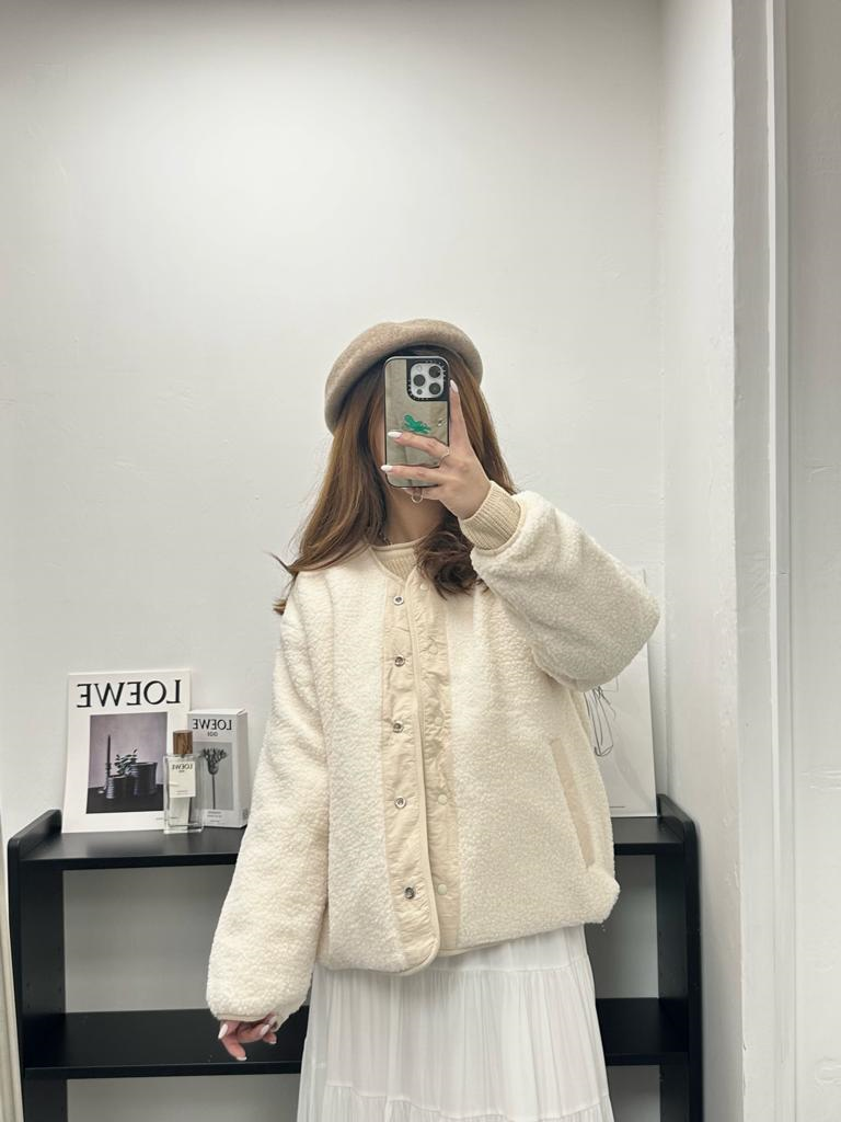 雙面毛毛薄夾棉外套(米杏色)