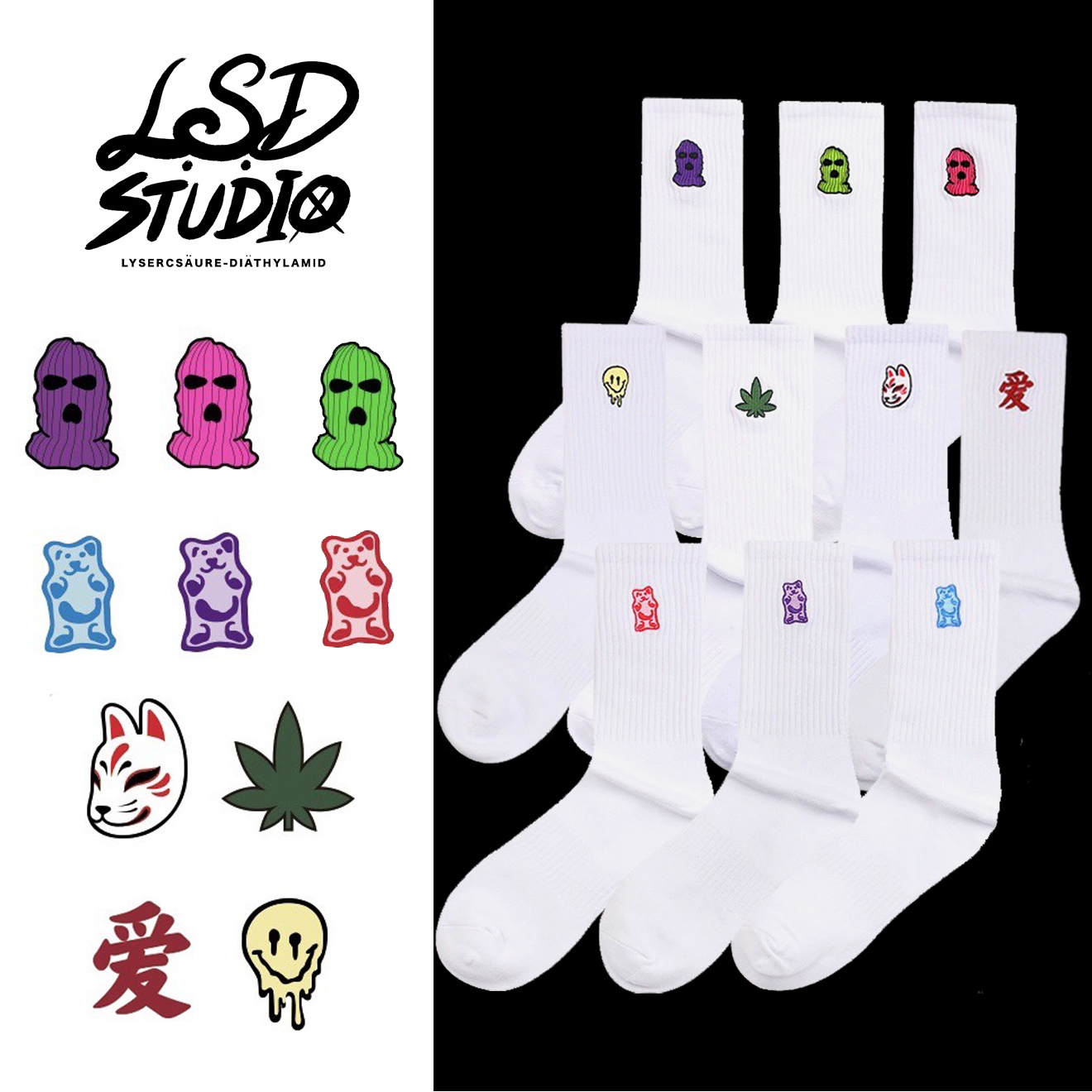 現貨|土匪/小熊軟糖/愛/融化笑臉/麻葉/狐狸面具刺繡系列襪