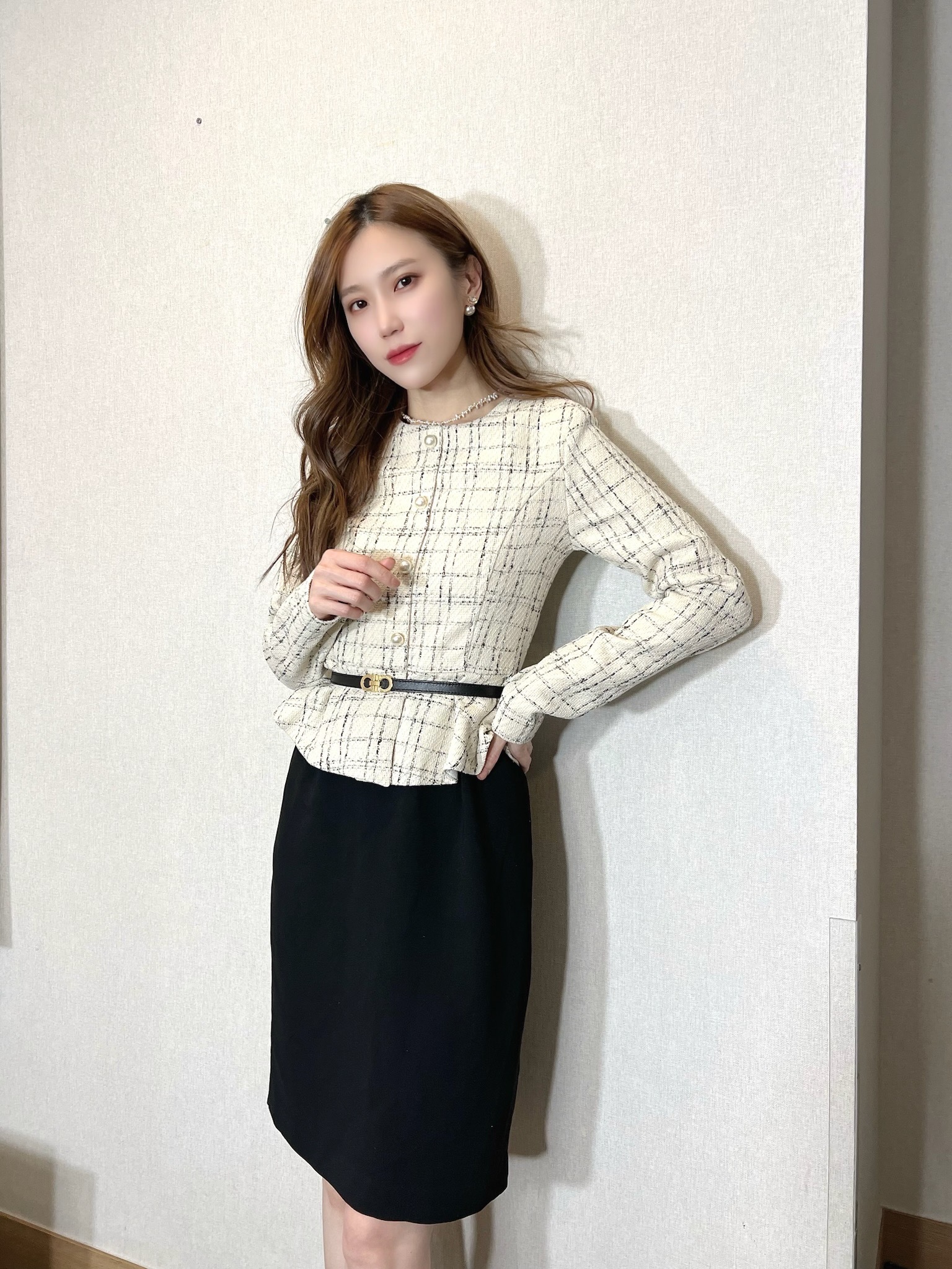 經典織紋荷葉腰身洋裝