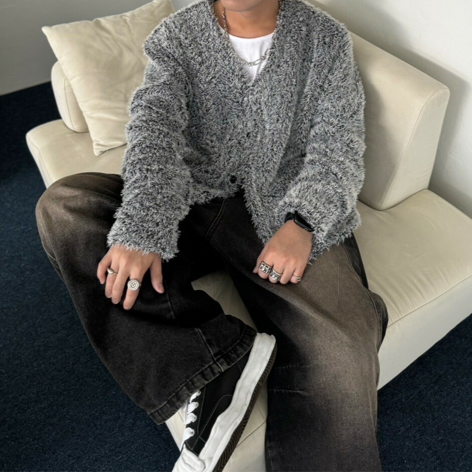 韓國連線 高級感 馬海毛 開襟衫 毛毛外套 灰/黑